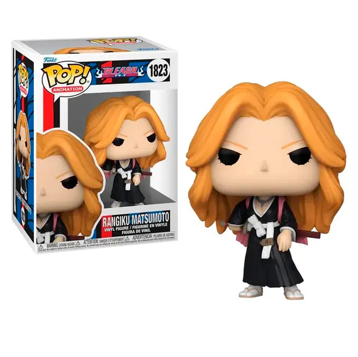 Una figura Funko Pop di Rangiku Matsumoto da Bleach. Ha i capelli arancioni, un vestito nero e uno zaino rosa. C'è una scatola accanto.
