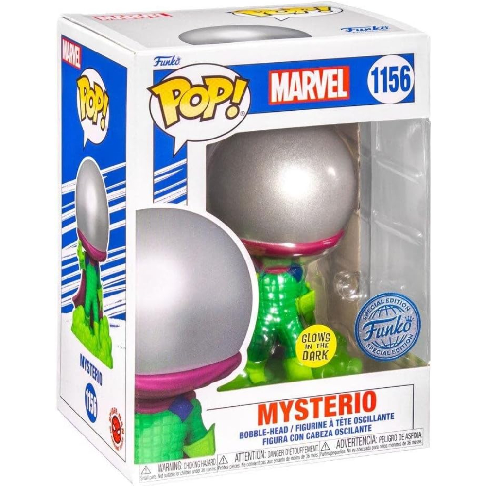 Una figura de Funko Pop de Mysterio en una caja. Tiene un casco plateado, un traje verde y detalles morados. La caja dice Marvel.