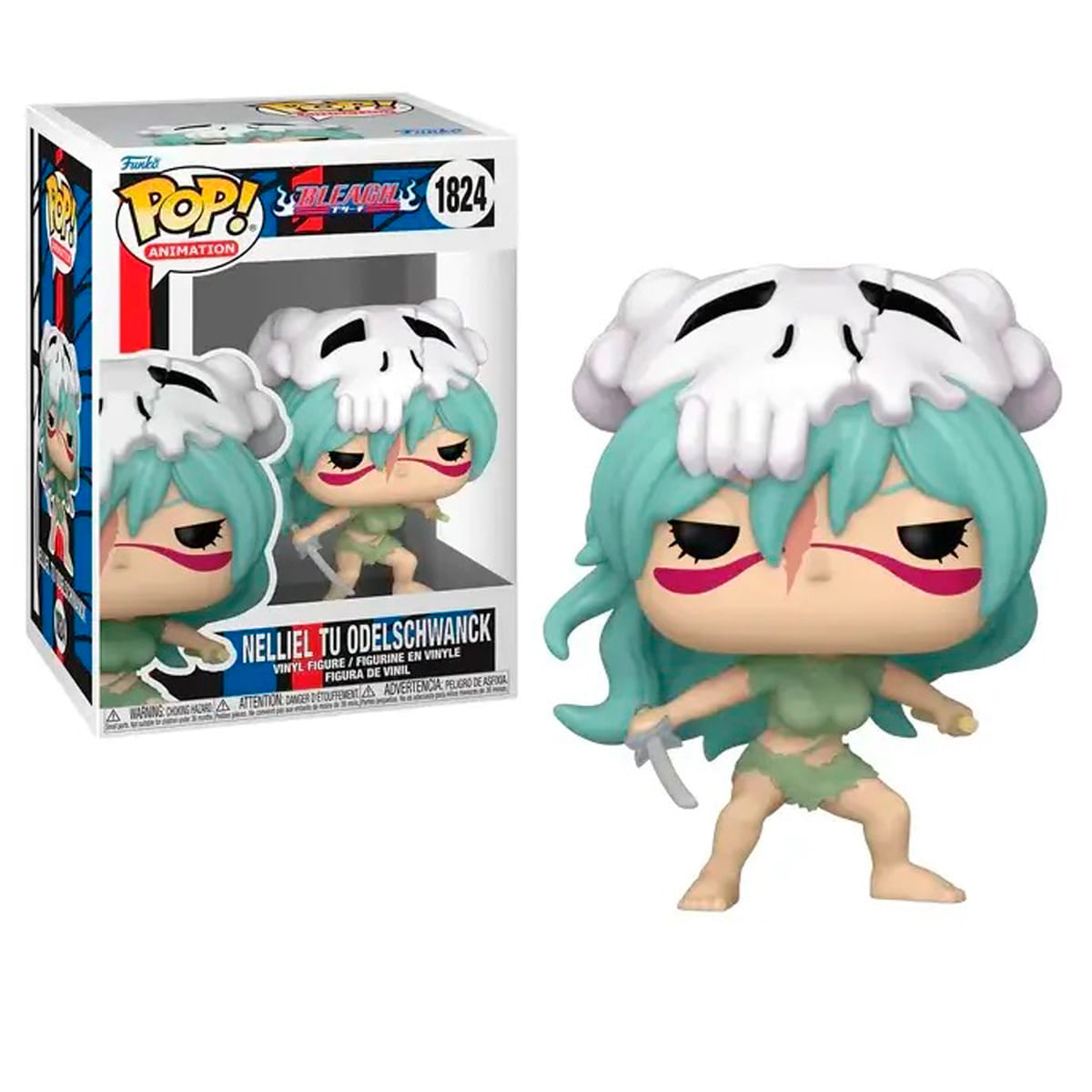 Una figura Funko Pop di Nelliel Tu Odelschwanck da Bleach. La figura ha capelli turchesi, un copricapo a teschio e un vestito verde, con una piccola spada.