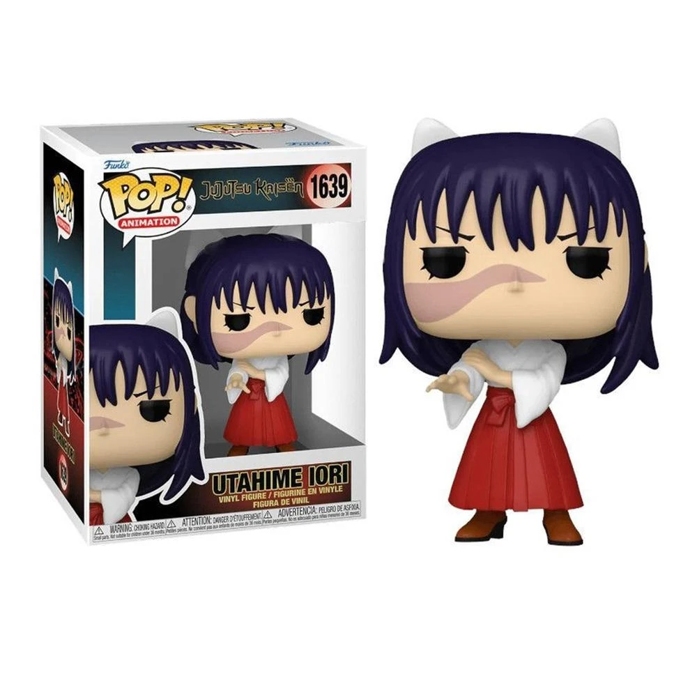 Una figura Funko Pop de Utahime Iori de Jujutsu Kaisen. Lleva una camisa blanca, falda roja, pelo oscuro y una cicatriz.