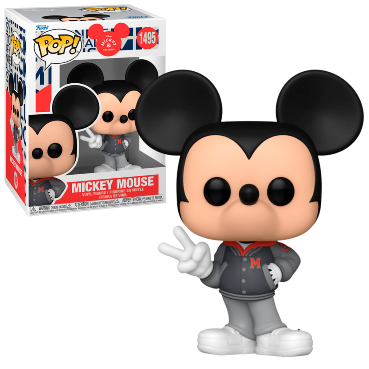 Figura Funko Pop di Topolino. Mickey indossa una giacca e pantaloni grigi, scarpe bianche e fa il segno della pace. Una scatola è sullo sfondo.