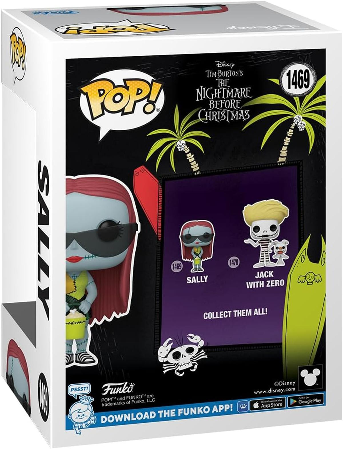 Pudełko Funko Pop z Sally z The Nightmare Before Christmas. Pudełko przedstawia Sally, Jacka, Zero i komunikat 'Zbierz je wszystkie!'