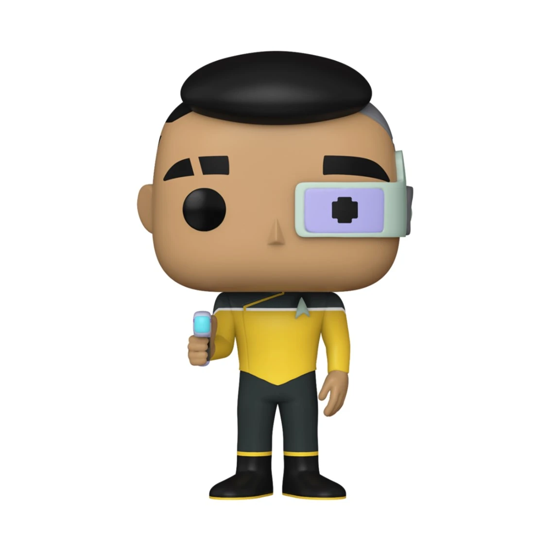 Figura Funko Pop de un personaje de Star Trek con uniforme amarillo, sosteniendo un dispositivo azul. Tiene gorra negra y visor ocular.