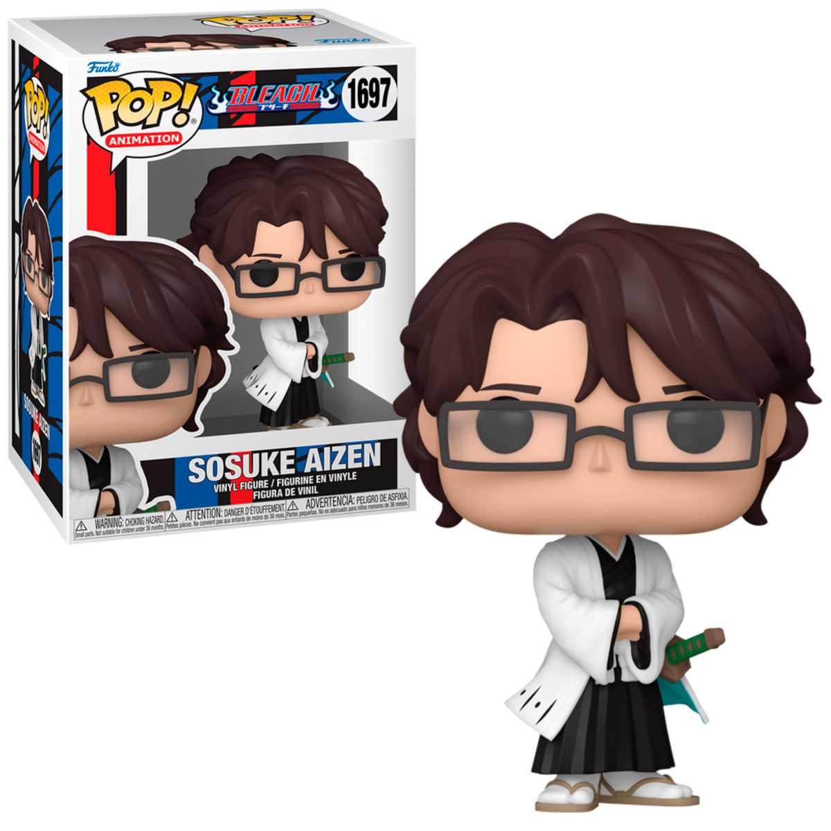 Una figura Funko Pop di Sosuke Aizen di Bleach. Indossa occhiali, un cappotto bianco e tiene una spada. Anche la scatola è visibile.