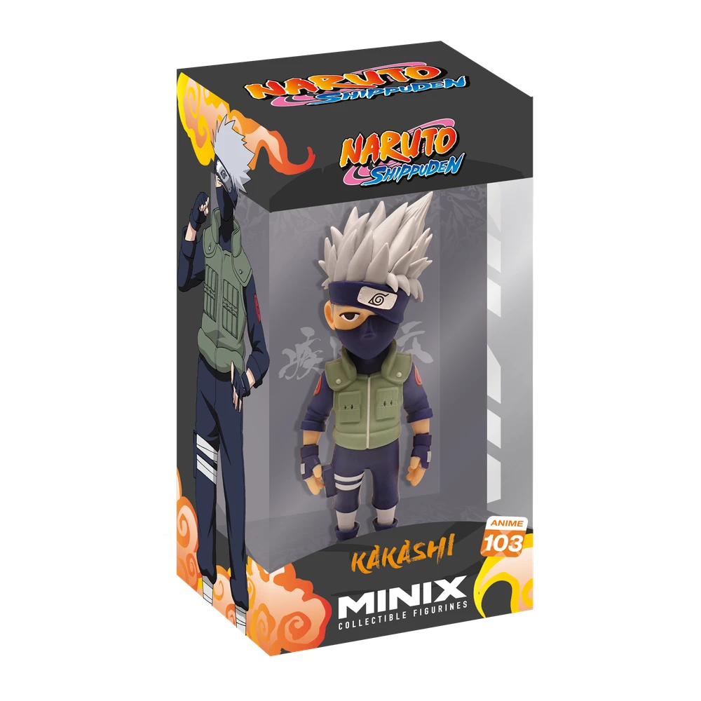 Una figura di Kakashi Minix in una scatola. È una statuina da collezione della serie Naruto Shippuden, con un'illustrazione del personaggio sulla scatola.