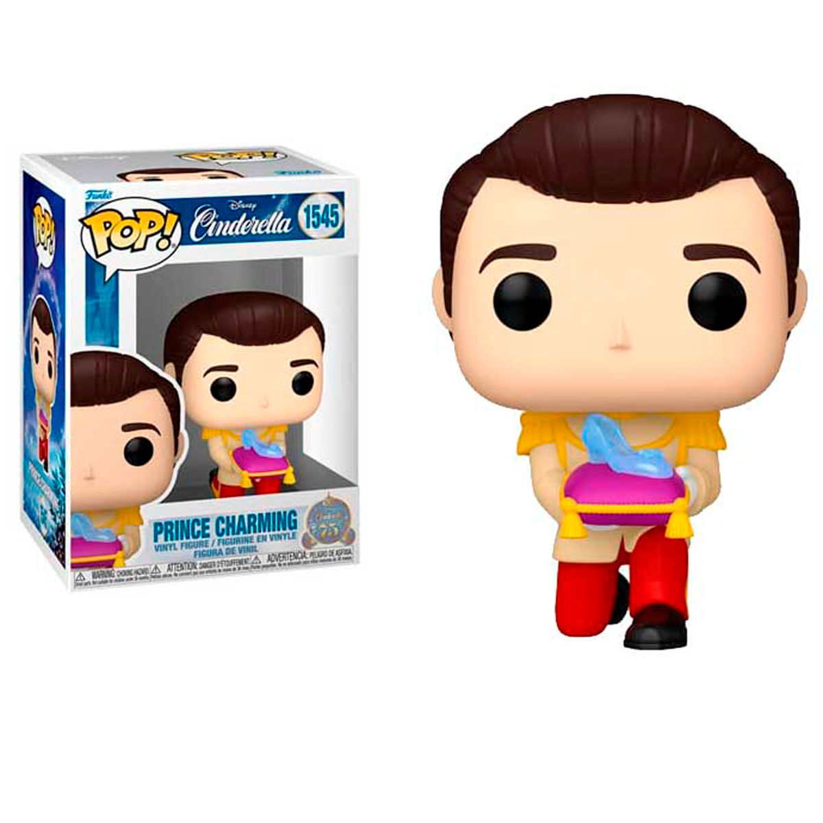 Una figura Funko Pop del Principe Azzurro che tiene un cuscino con la scarpetta di cristallo di Cenerentola. La figura è in una scatola.