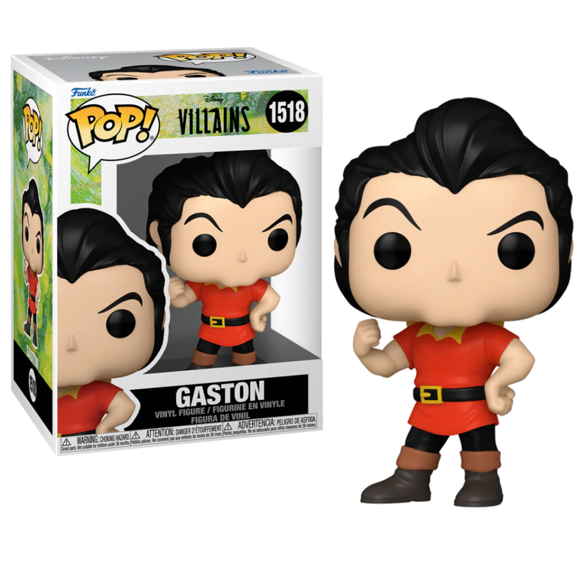Una figura Funko Pop di Gaston de La Bella e la Bestia. Indossa una tunica rossa, pantaloni neri e stivali marroni. La scatola è dietro di lui.