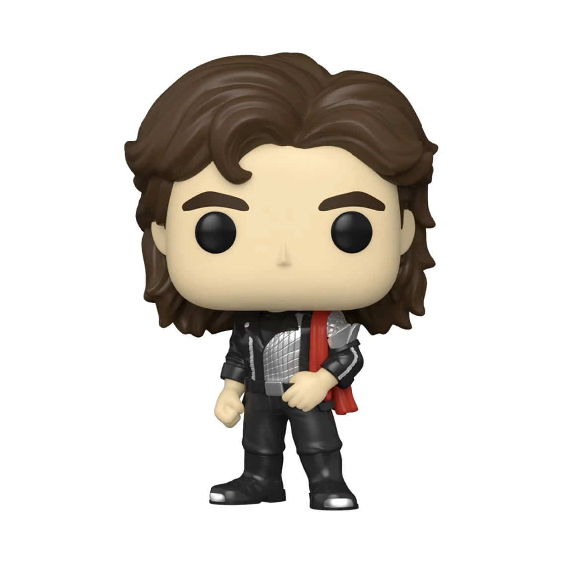Figura Funko Pop de un personaje masculino con cabello castaño, atuendo negro, capa roja y armadura plateada. La figura está sobre un fondo blanco.