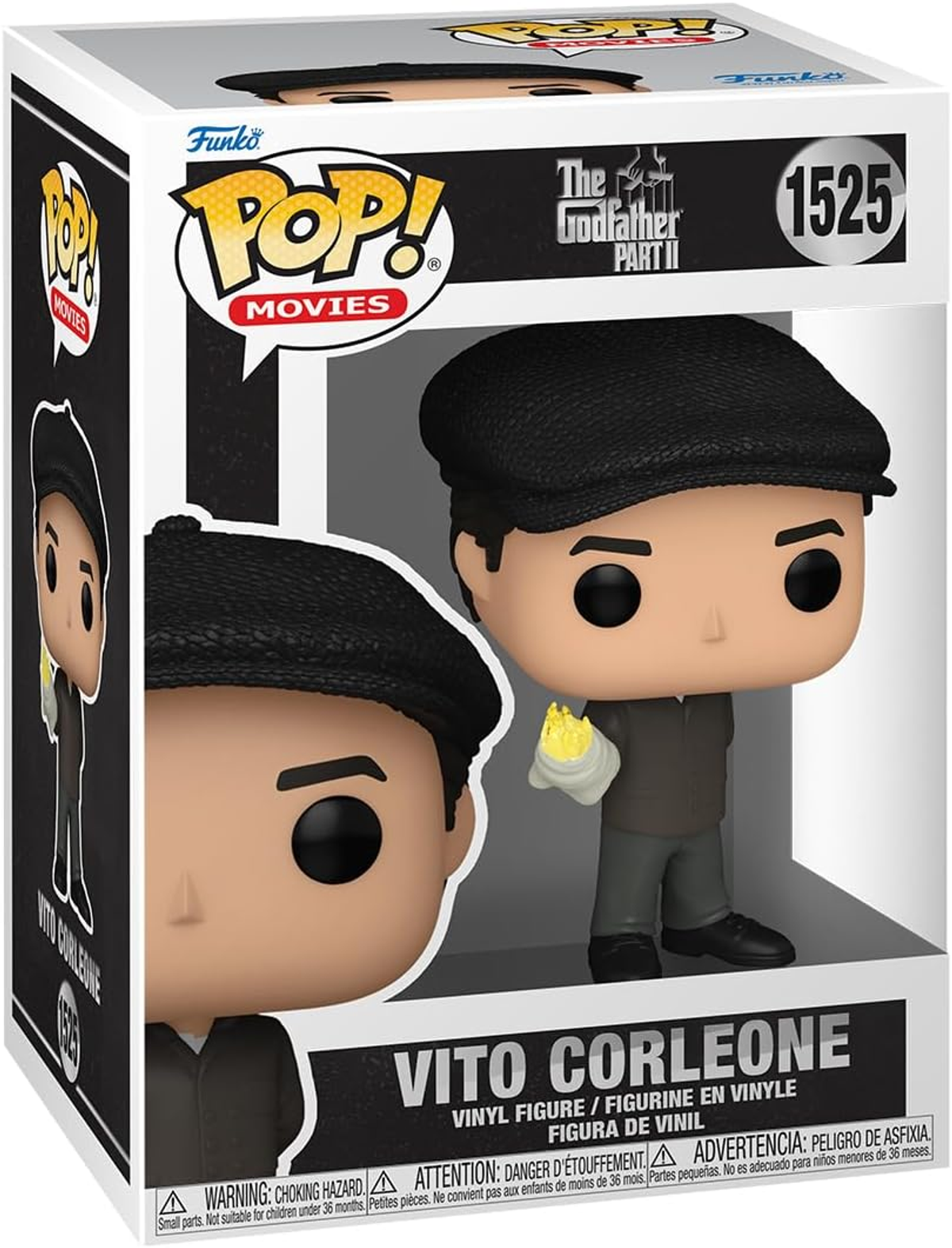 Figura Funko Pop de Vito Corleone de El Padrino Parte II. Lleva gorra y sostiene un fajo. La caja tiene logotipos y texto.