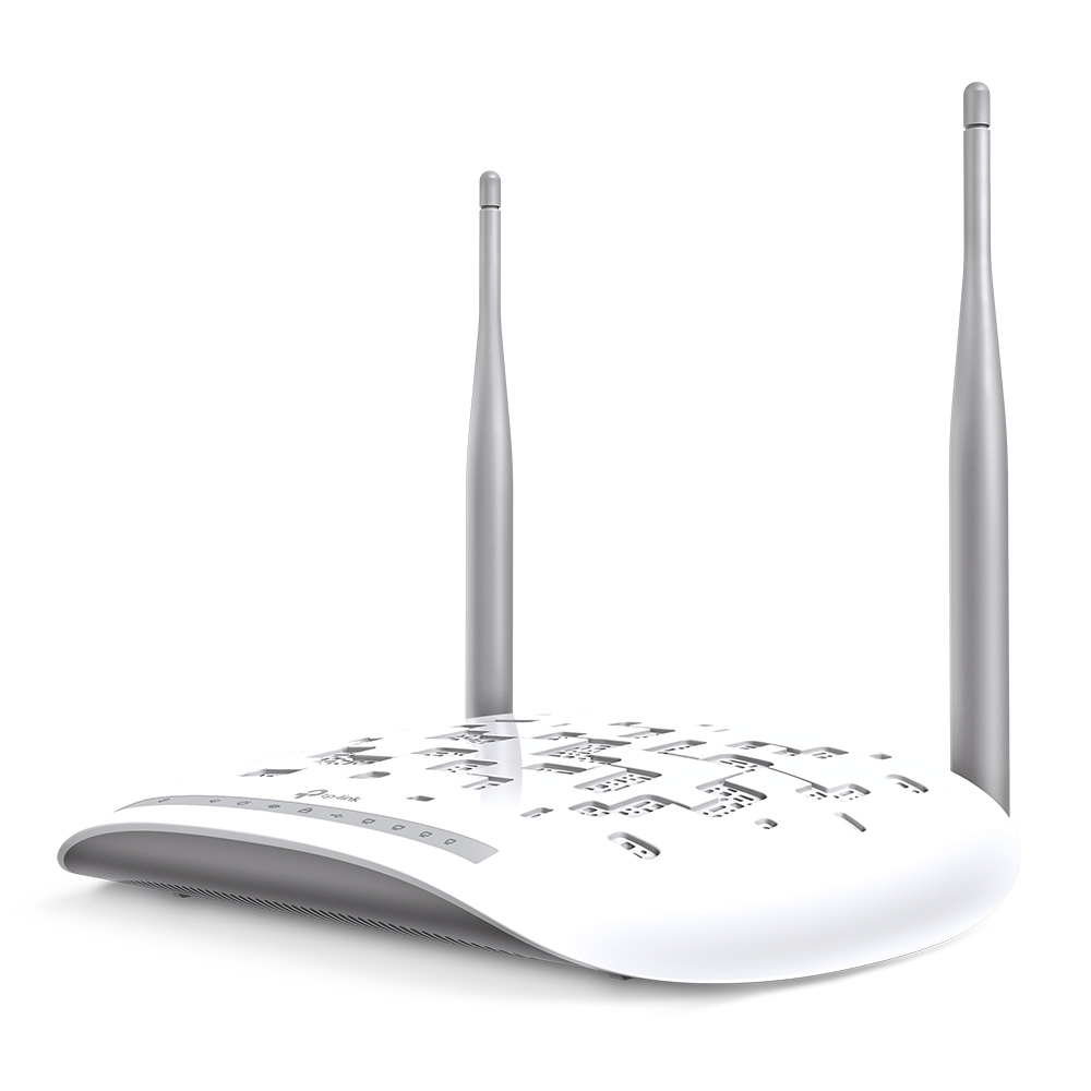 İki gümüş antenli beyaz bir TP-Link yönlendirici. Kavisli bir tasarıma ve desenli bir üst yüzeye sahip.