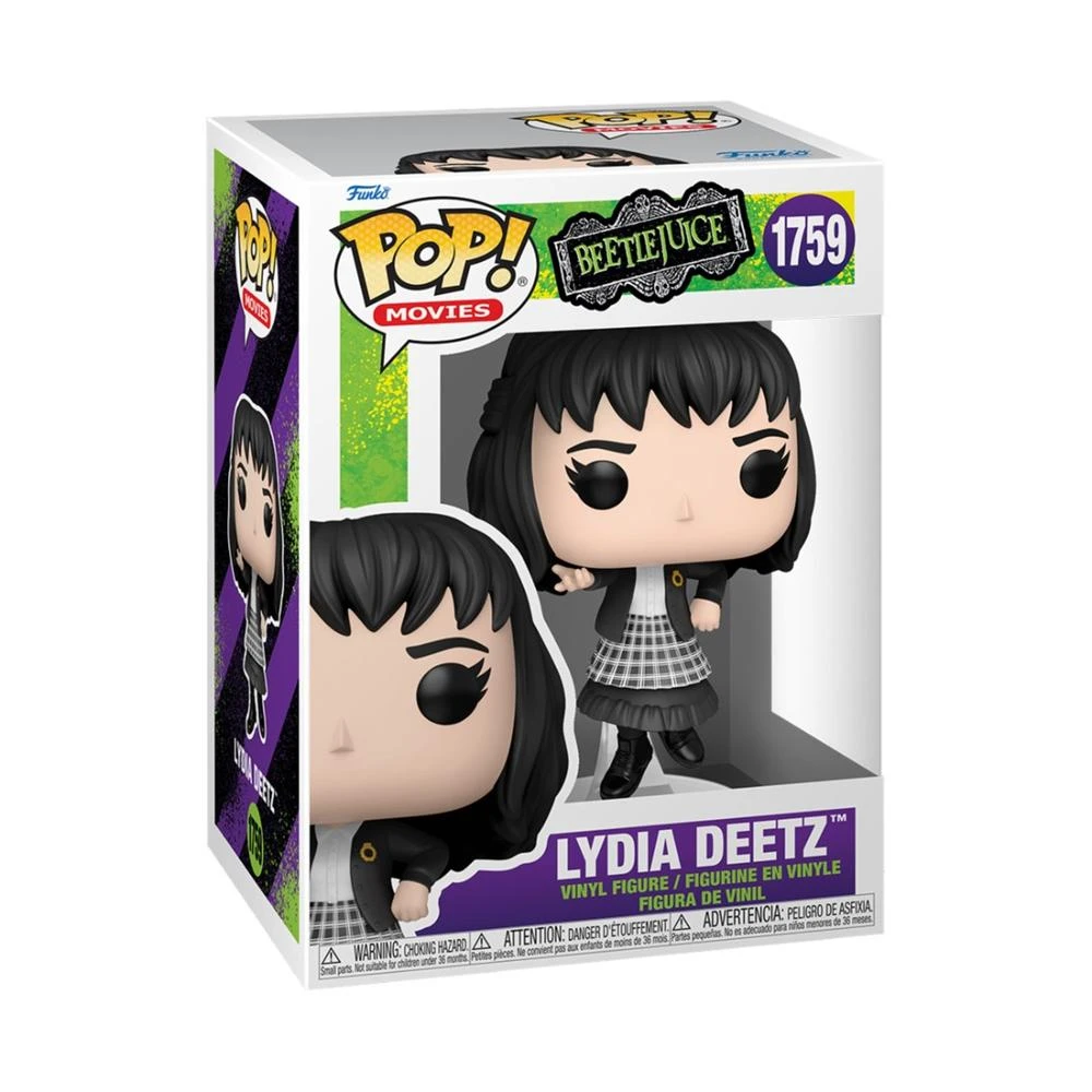 Una scatola Funko Pop di Lydia Deetz di Beetlejuice. La figura ha i capelli neri e indossa una giacca nera e una gonna a scacchi.