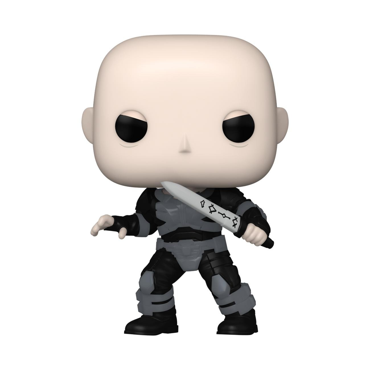 Una figura Funko Pop di un personaggio calvo con occhi neri, che tiene una spada. Indossa un abito nero e grigio, su sfondo bianco.