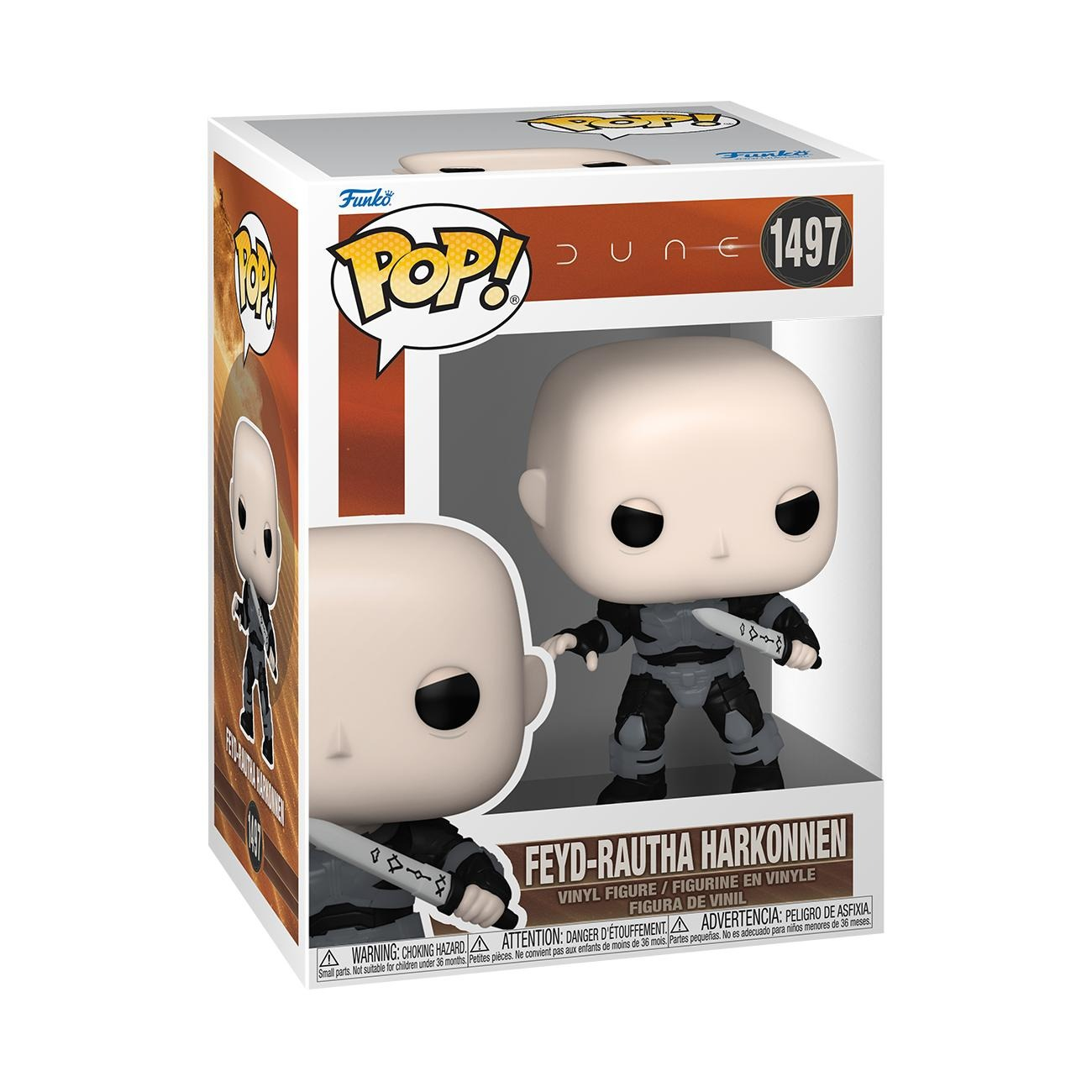 Una figura Funko Pop! di Feyd-Rautha Harkonnen da Dune. La figura è in una scatola con dettagli del prodotto.