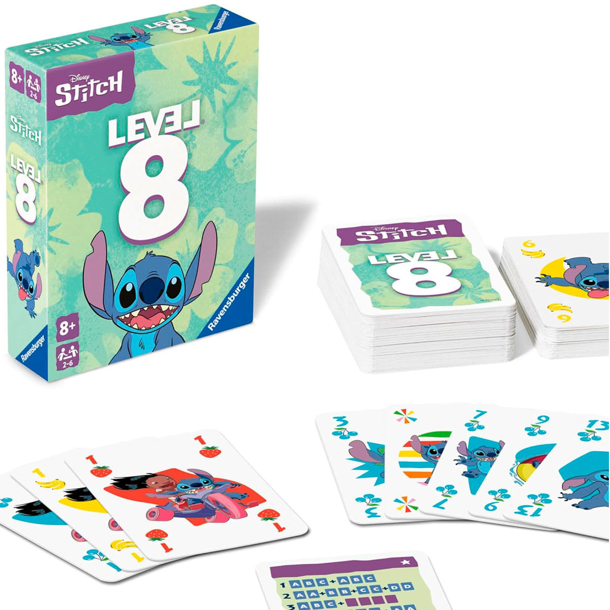 Une boîte de jeu de cartes Stitch Level 8 et des cartes sont visibles. La boîte montre Stitch. Plusieurs cartes sont affichées, avec Stitch et des numéros.