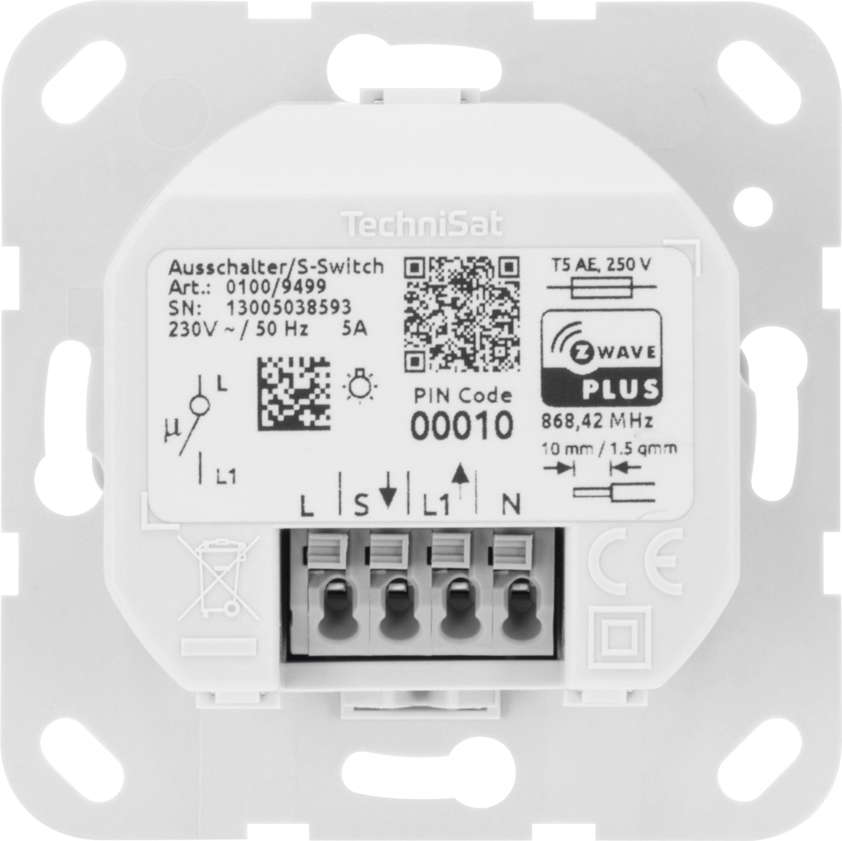 Un interruttore TechniSat bianco con testo e simboli. Contiene morsetti, codice QR e marchio CE.