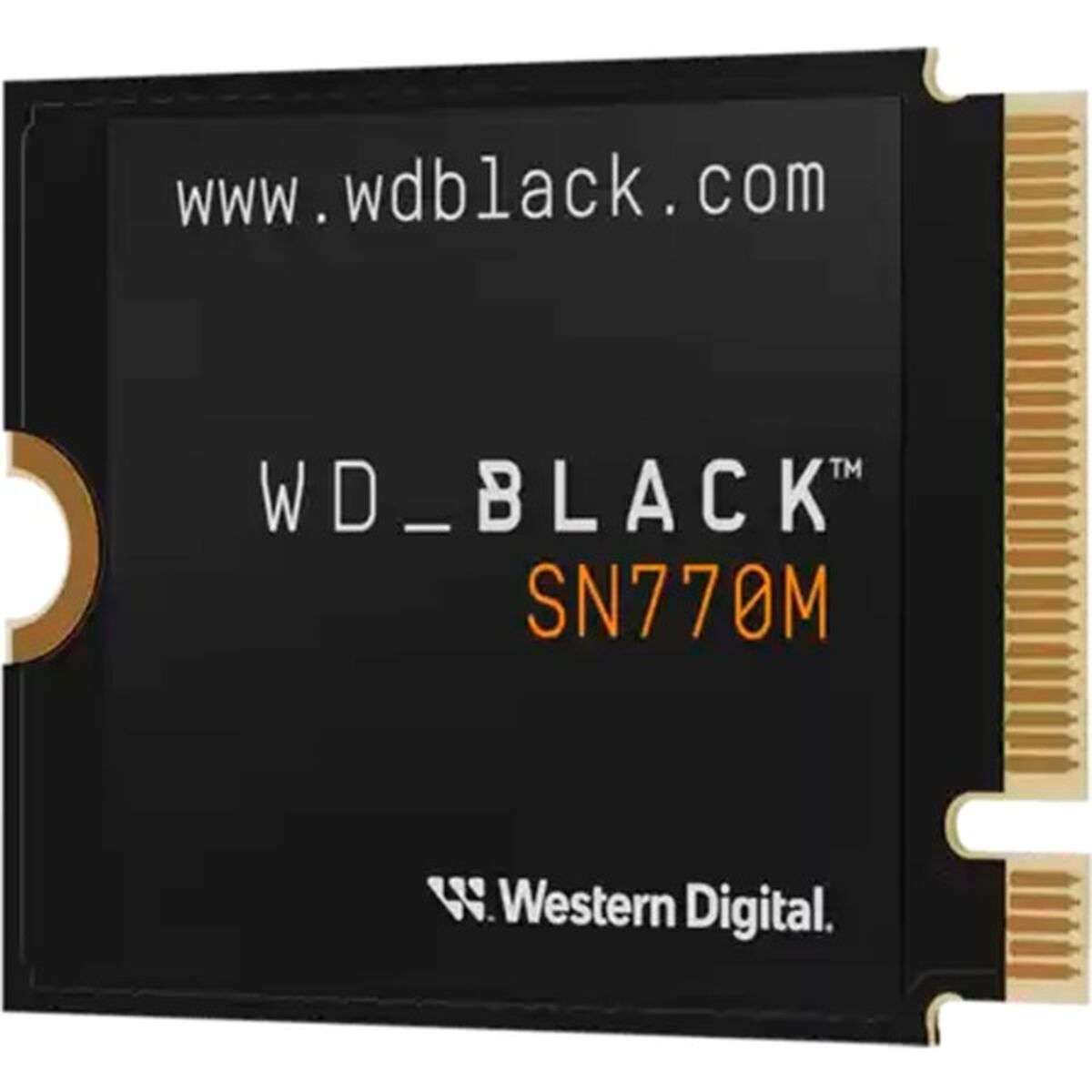 Un disque SSD noir WD_BLACK SN770M. Le texte inclut 'www.wdblack.com' et 'Western Digital'.