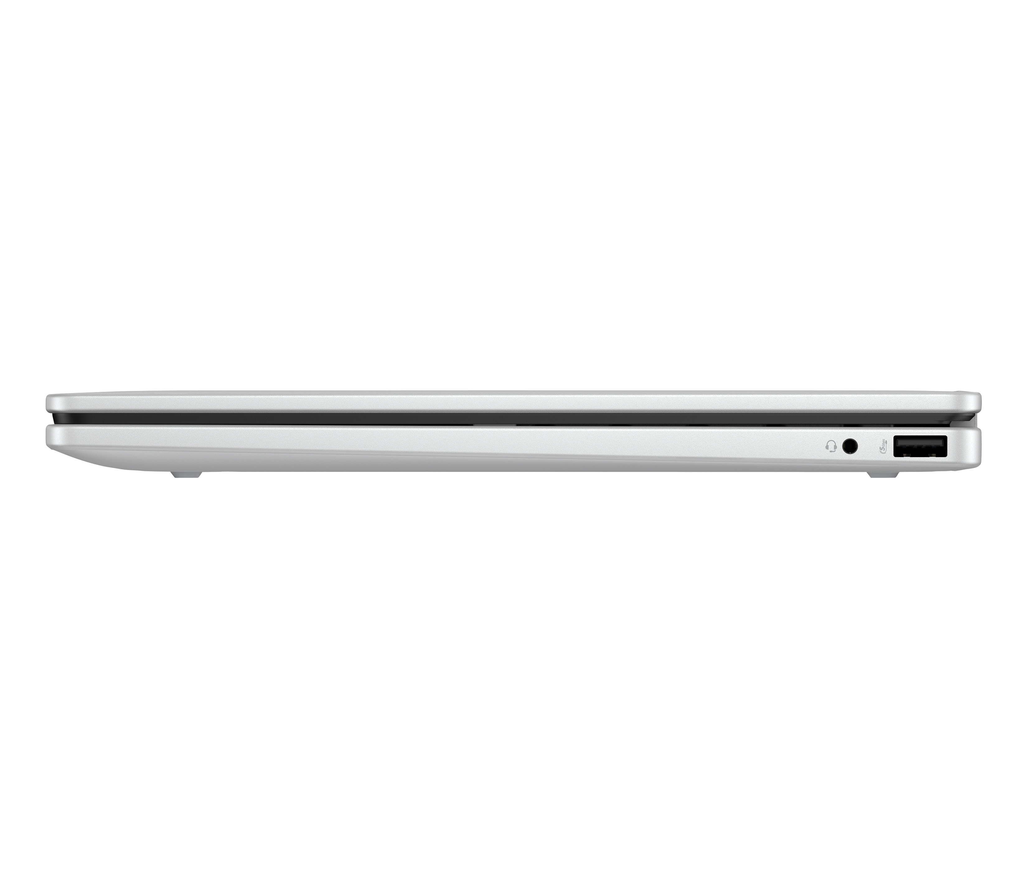 Vista laterale di un laptop argentato. Visibili porte per cuffie, USB e ricarica. Il coperchio è chiuso.