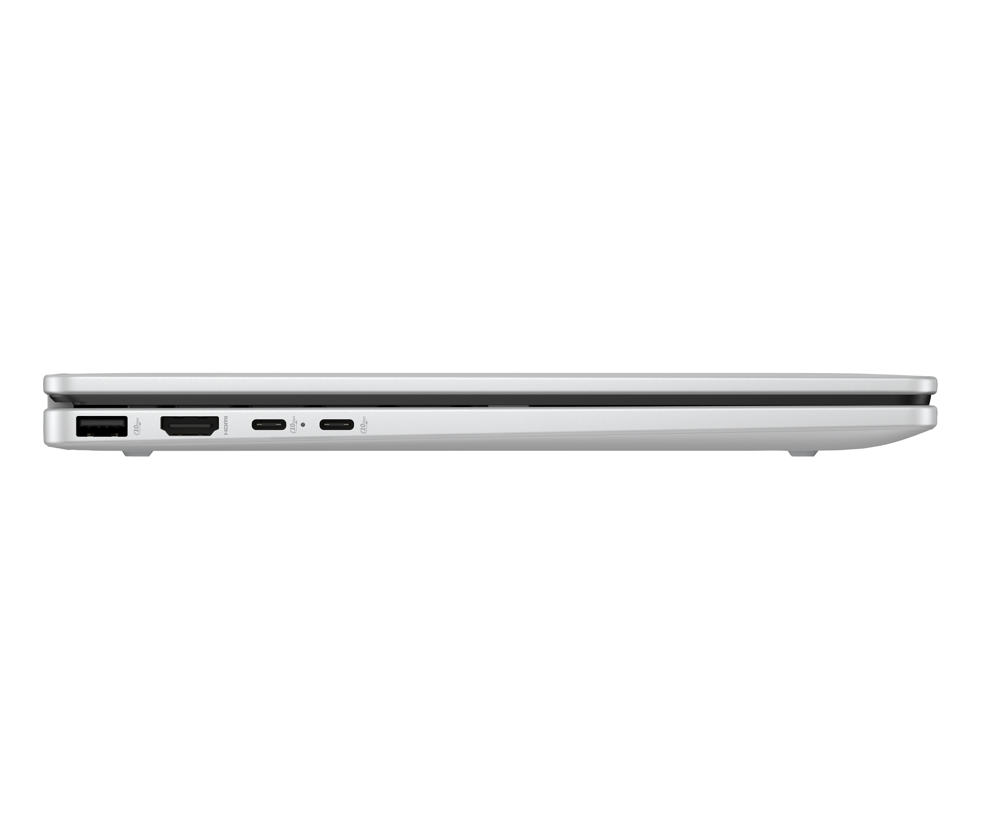 Vista laterale di un laptop argentato. Porte: USB, HDMI e USB-C. Il laptop è chiuso. Sfondo bianco.