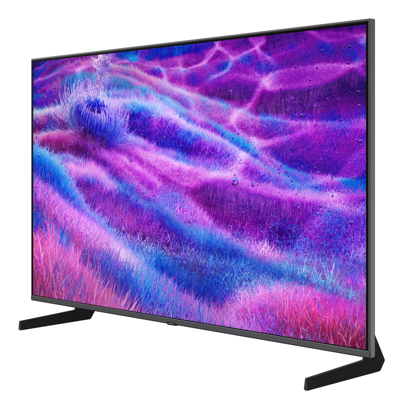 Ein Flachbildfernseher zeigt eine lebendige, abstrakte Szene mit lila, blauen und rosa Farbtönen. Der Fernseher steht auf schwarzen Beinen auf weißem Hintergrund.