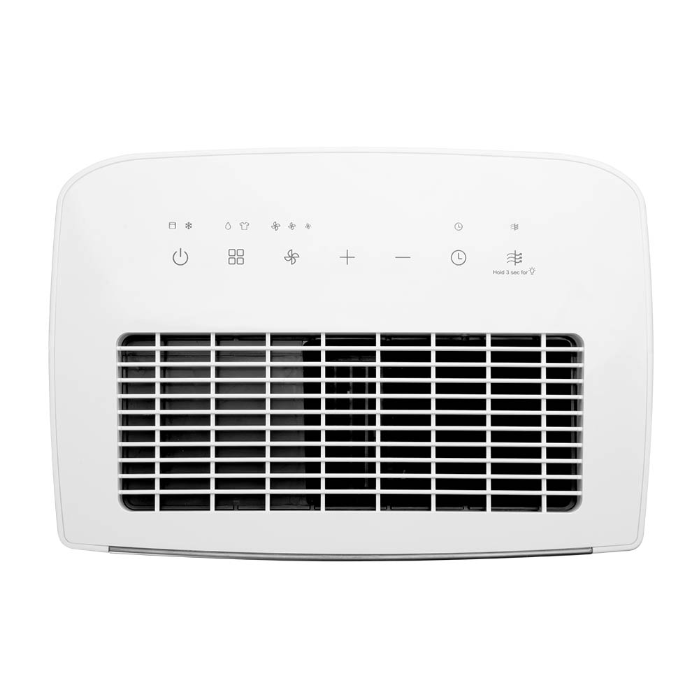 Vista superior de un purificador de aire blanco con iconos del panel de control, una rejilla de ventilador y un botón de encendido.