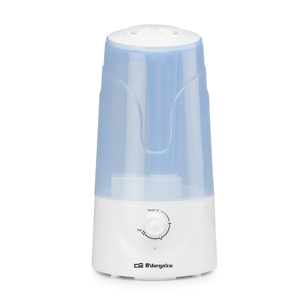 Un humidificador blanco y azul. La parte superior es un tanque de agua azul y transparente. La base es blanca con un dial de encendido/apagado.