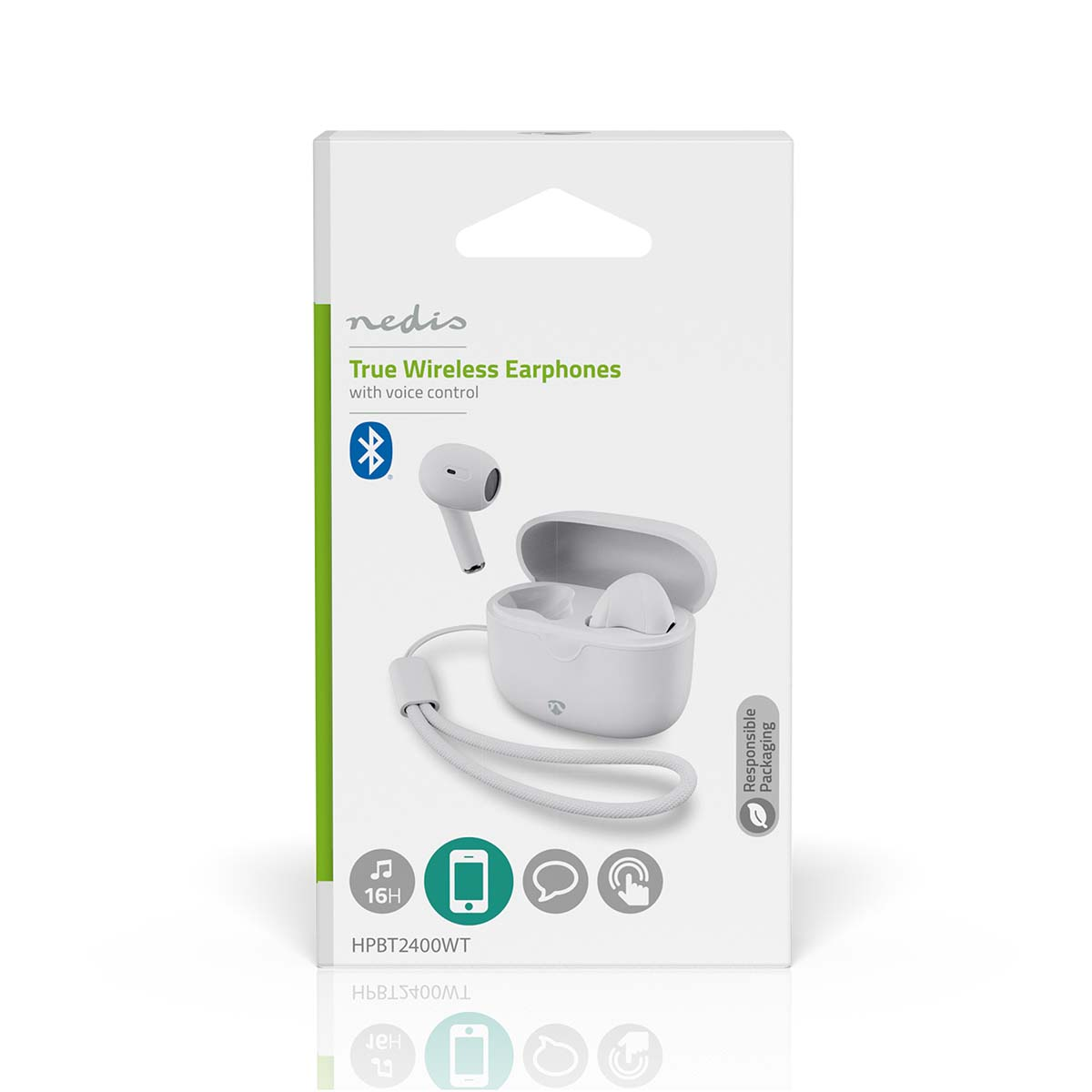 Weiße Nedis True Wireless Kopfhörer mit Sprachsteuerung, in Verpackung. Enthält Ohrhörer, Ladecase und Armband. Bluetooth-Symbol.