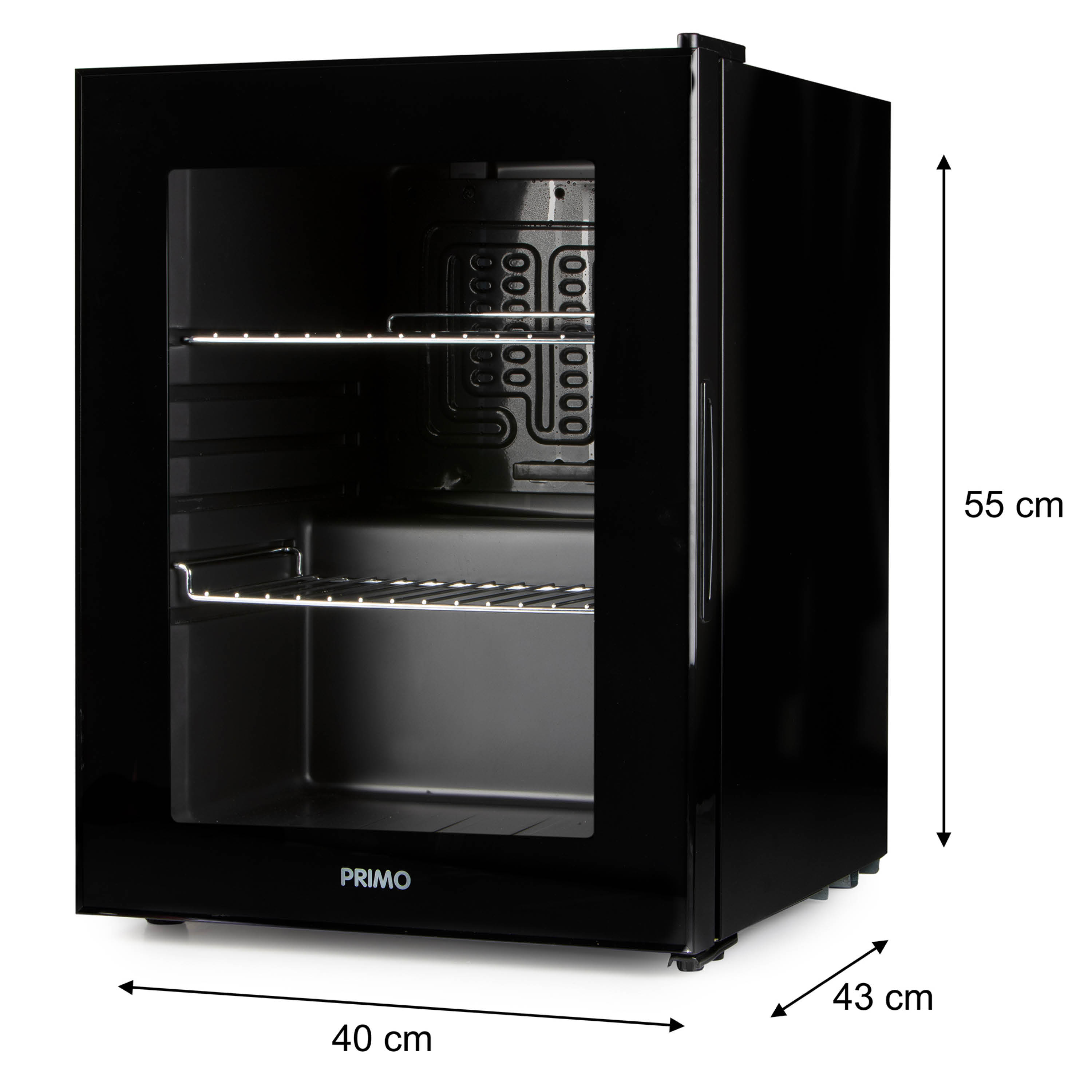 Black mini fridge with a glass door, shelves, and dimensions labeled. The brand is Primo.