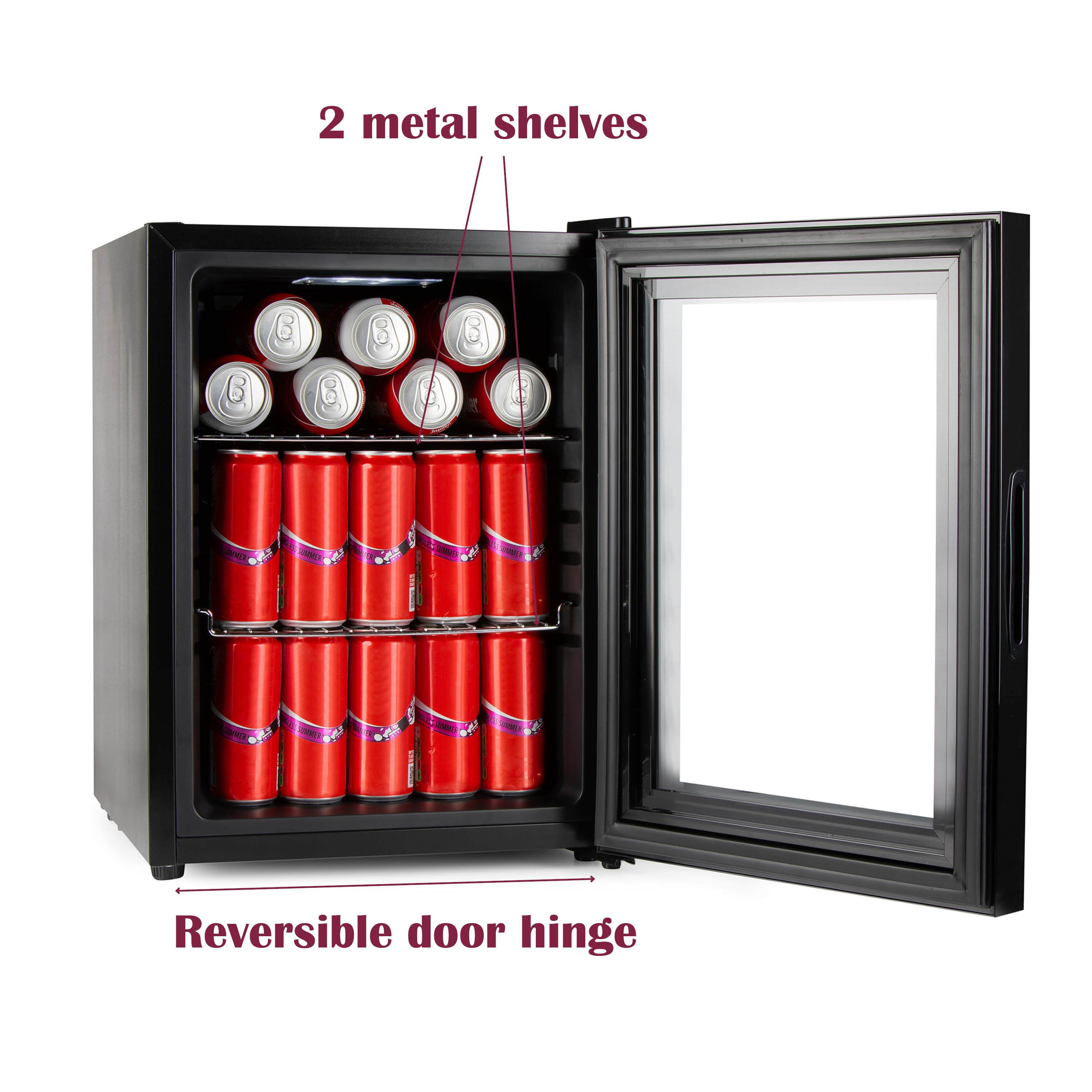 A small black refrigerator with a glass door. It contains cans of red soda on two metal shelves. The door is open.