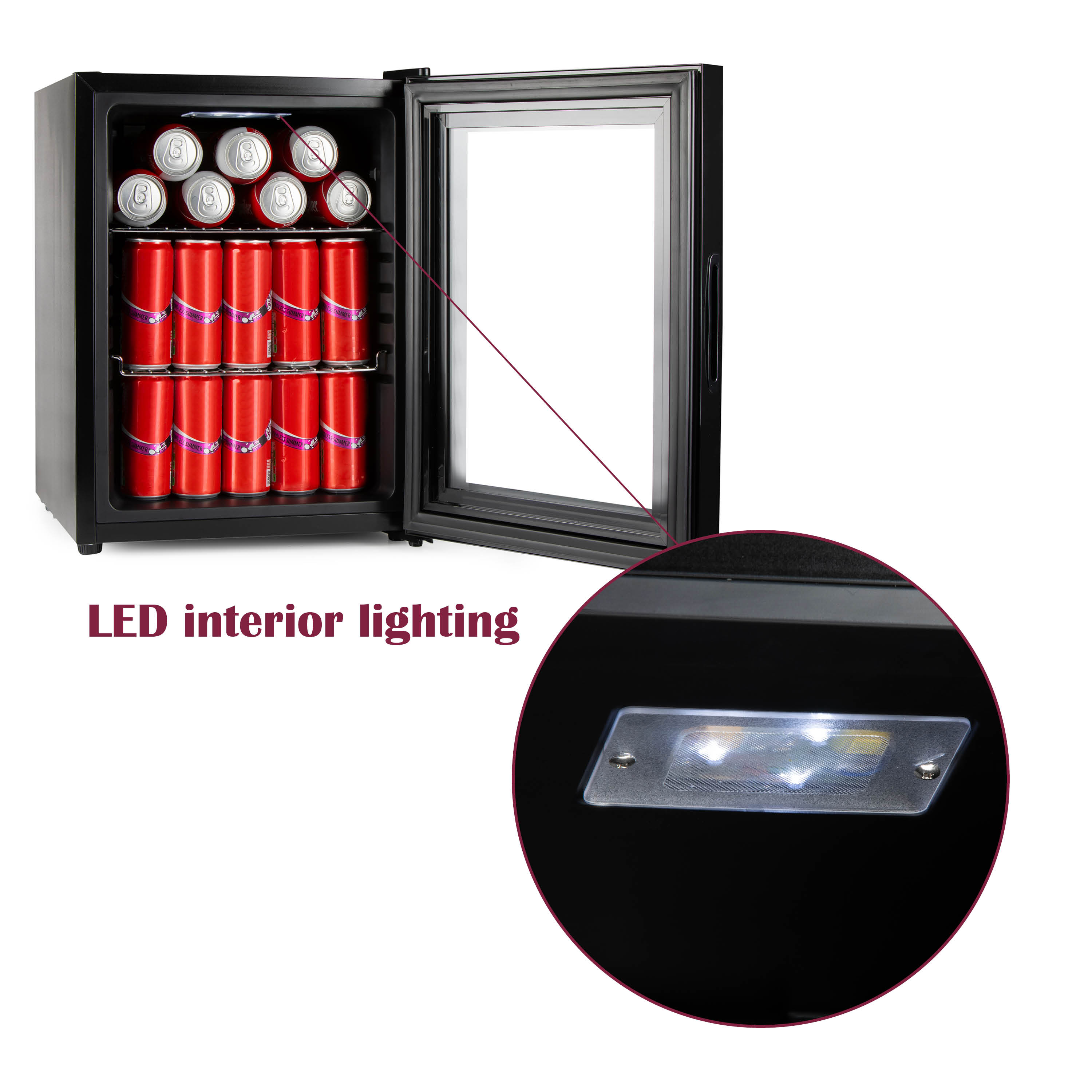 A small black refrigerator with a glass door. Inside are red cans. LED light detail in a circle.
