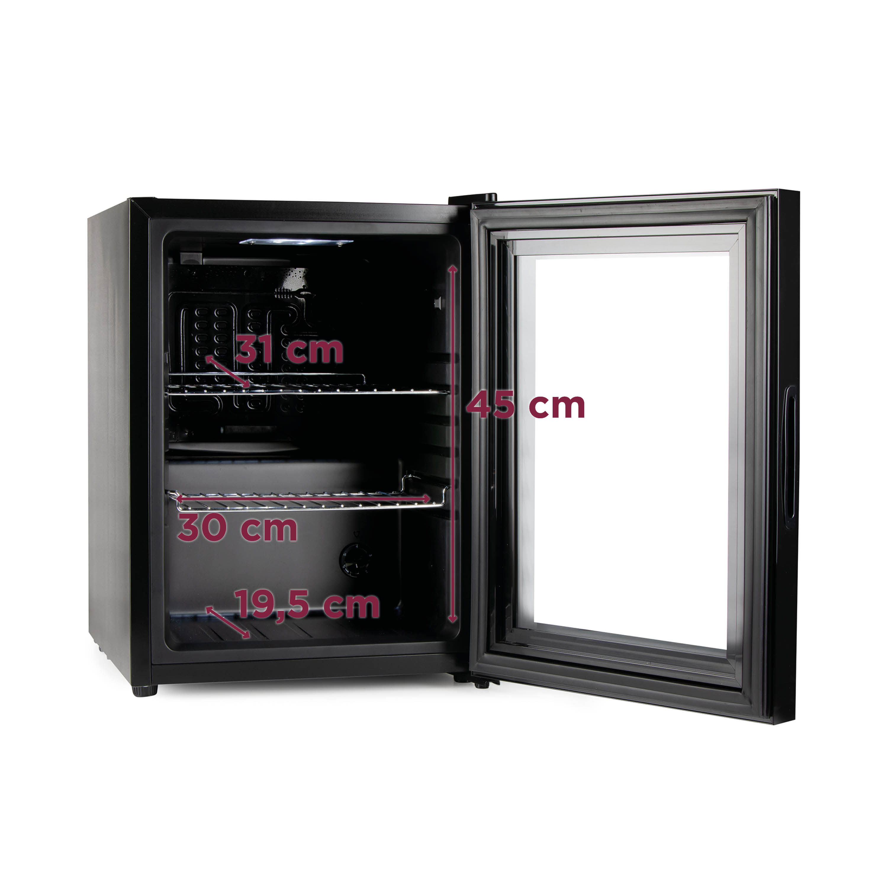 A black mini-fridge with an open glass door, showing shelves. Dimensions are labeled on the fridge.