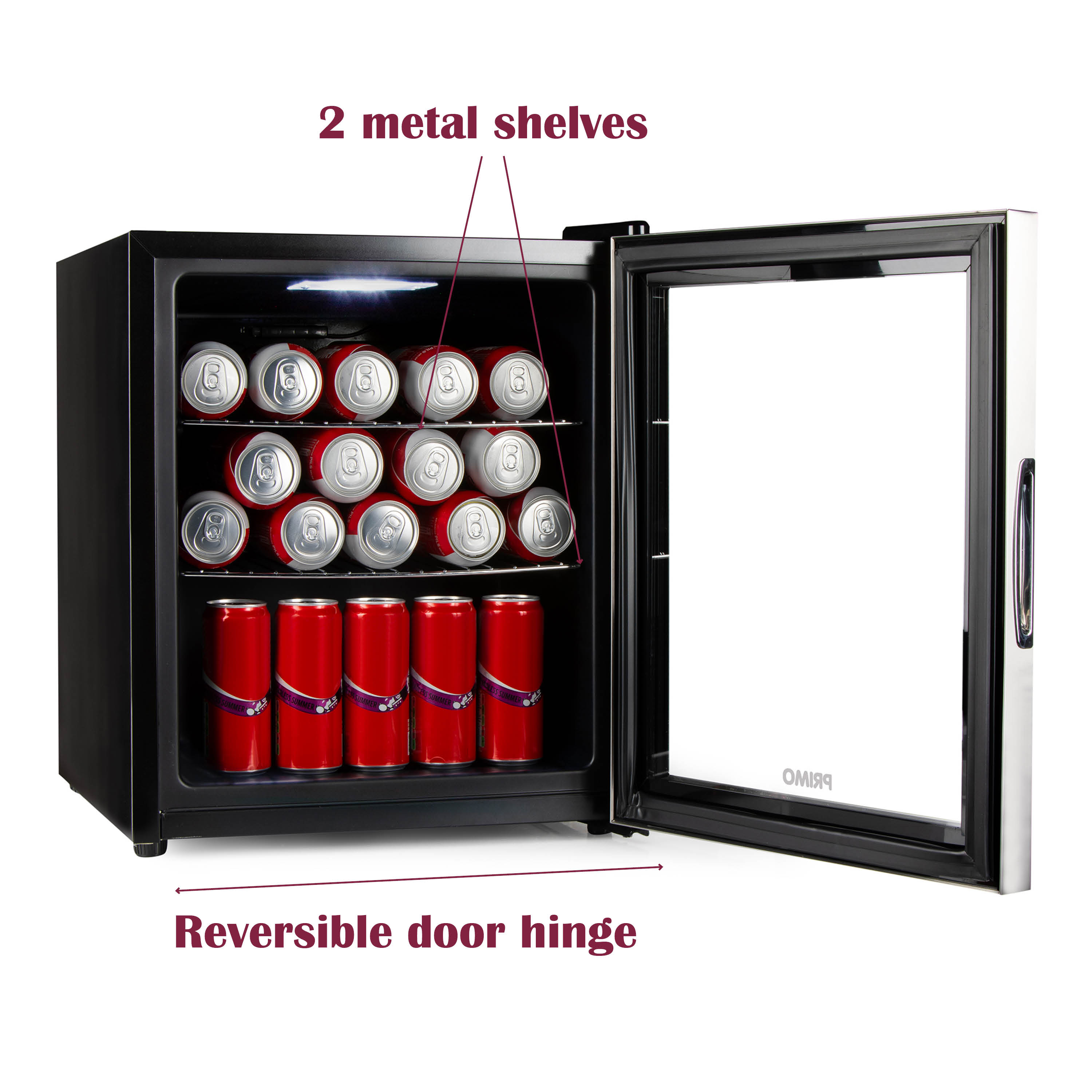 Un petit réfrigérateur noir avec la porte ouverte. À l'intérieur, des canettes sur des étagères. La porte a un panneau de verre.