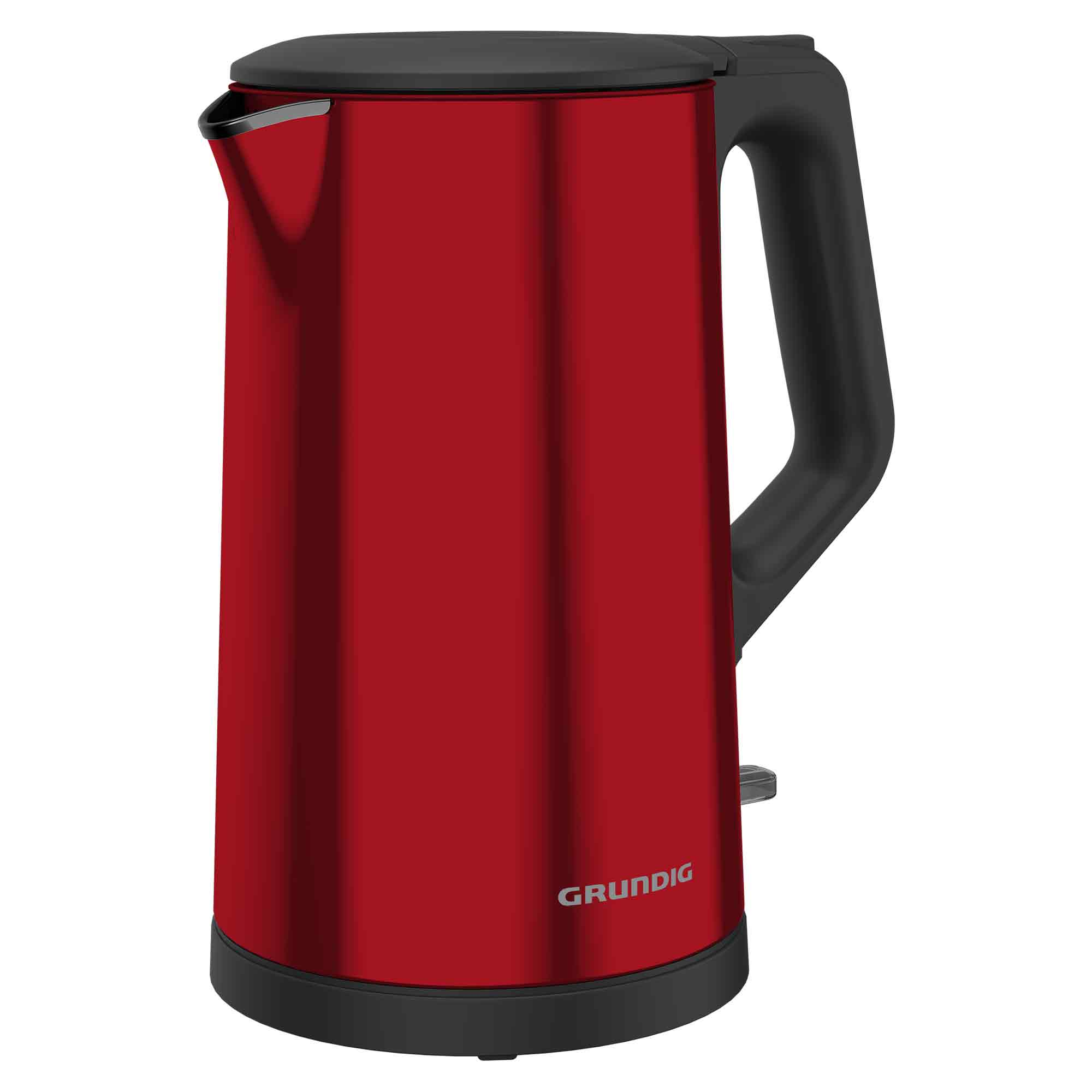 Een rode Grundig waterkoker met een zwarte handgreep, bovenkant en voet. De achtergrond is wit.