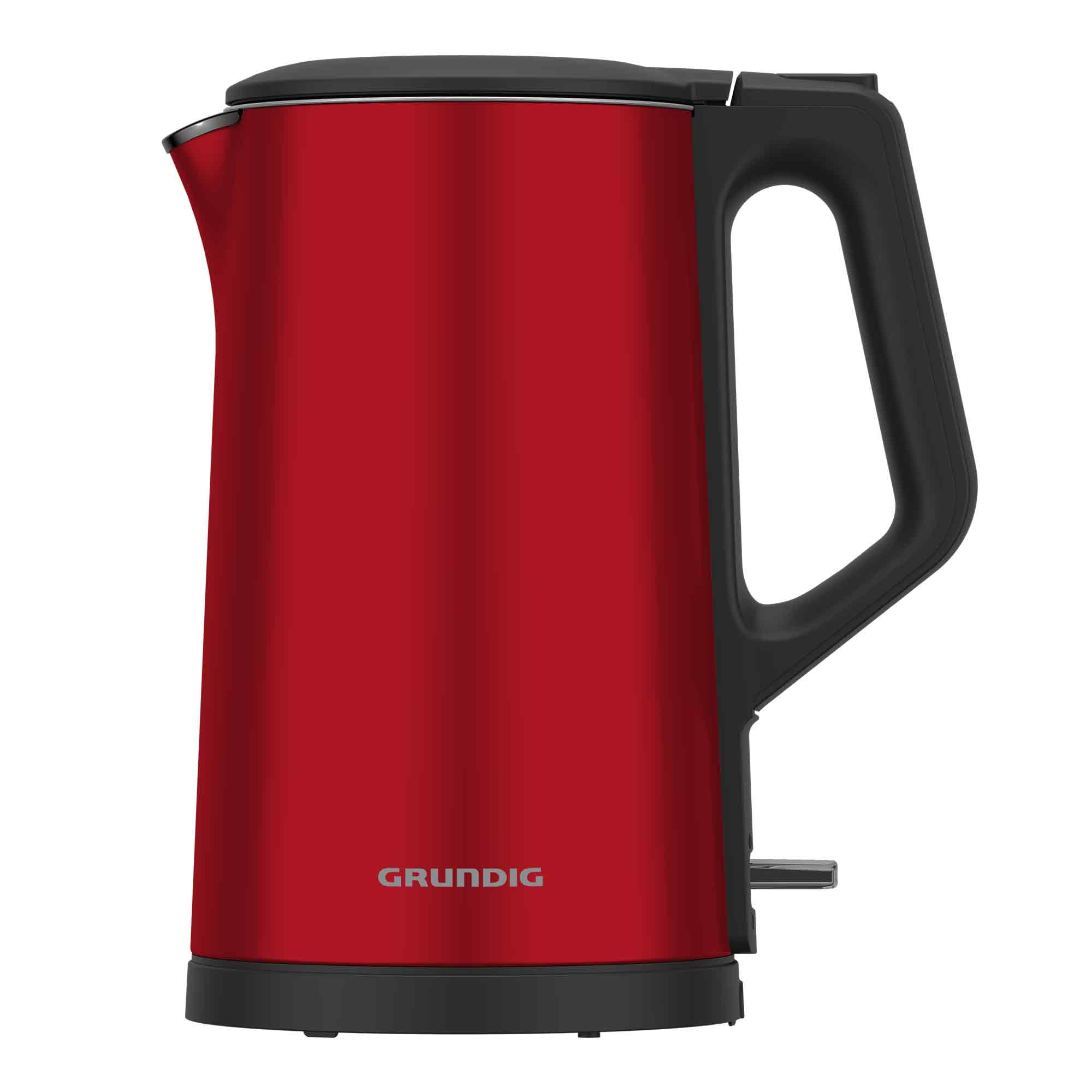 Een rode elektrische waterkoker met een zwarte handgreep en basis. De merknaam Grundig is zichtbaar.
