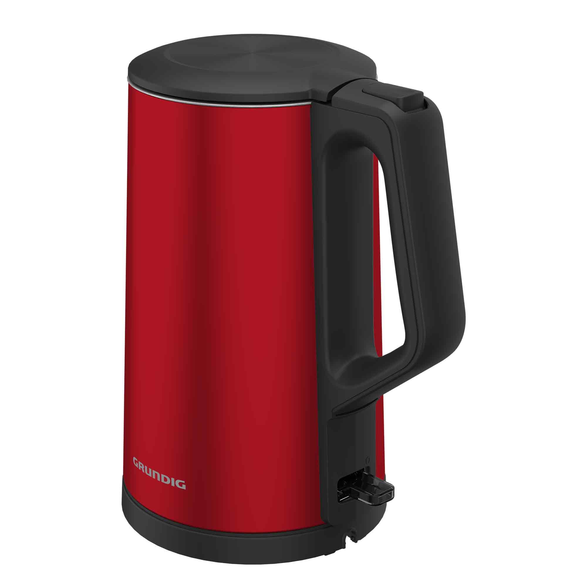 Een rode waterkoker met een zwarte handgreep en deksel. De merknaam Grundig is zichtbaar.