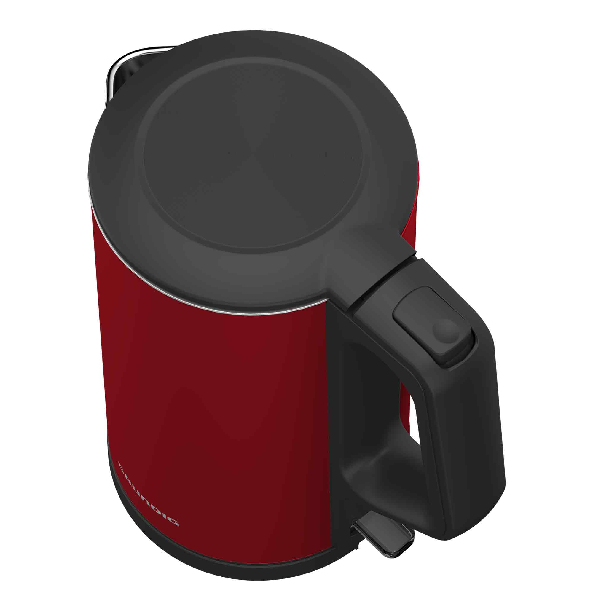 Een rode waterkoker met een zwart deksel en handvat. De waterkoker staat op een witte achtergrond.
