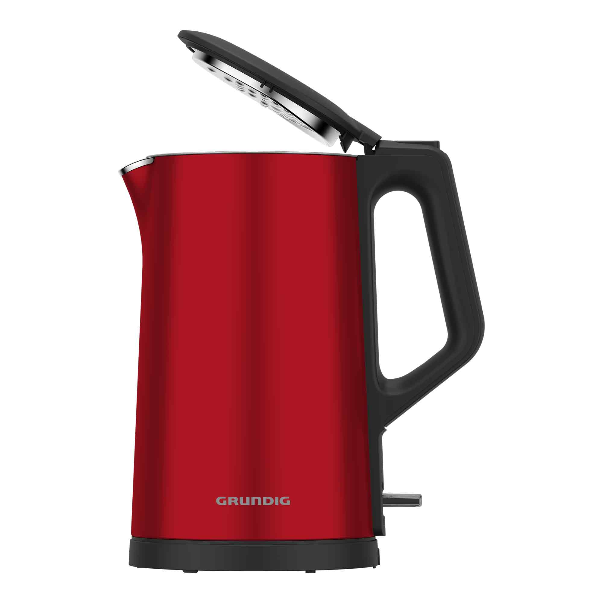 Een rode Grundig elektrische waterkoker met een zwarte handgreep en deksel, het deksel is open. De voet is zwart.