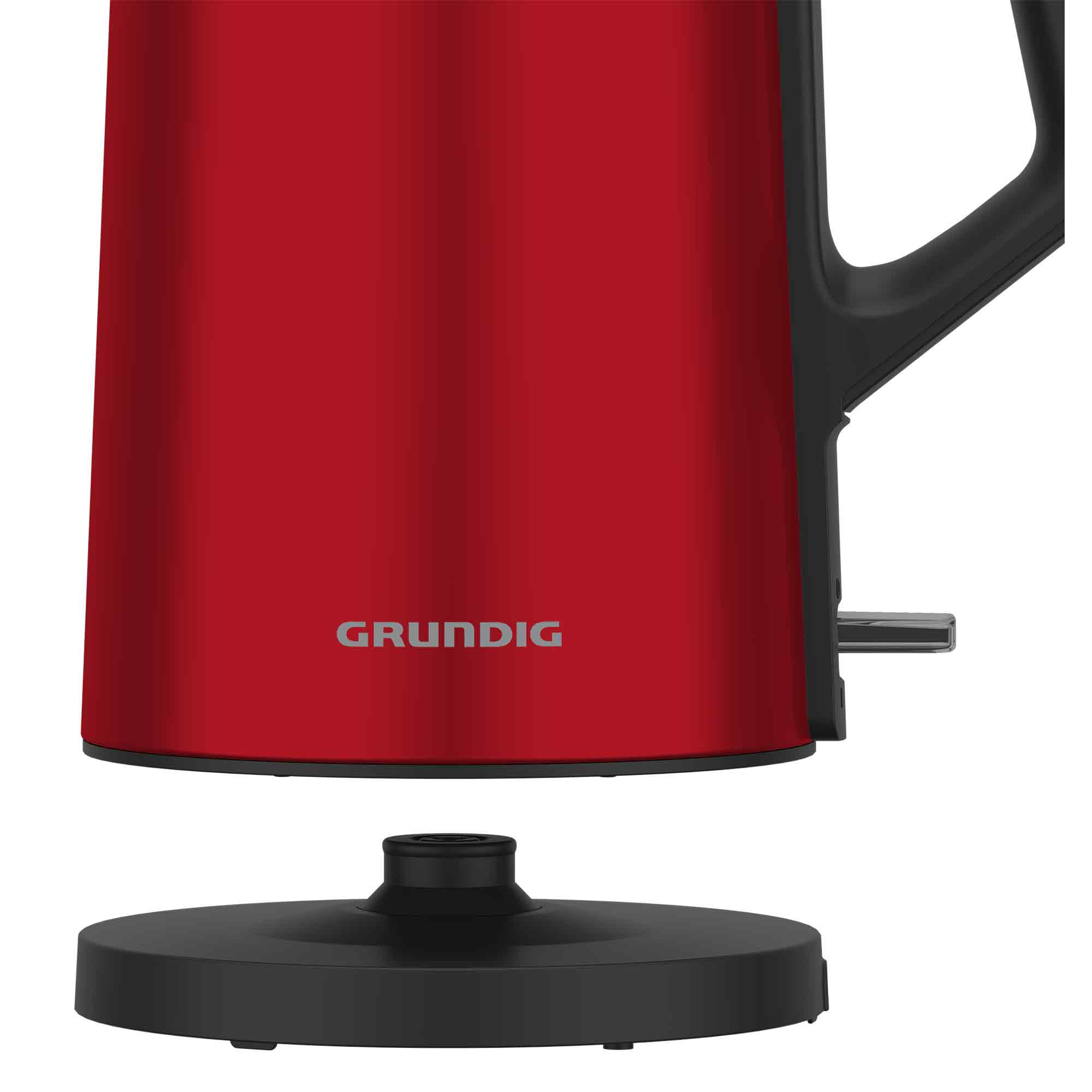 Een rode Grundig waterkoker, met een zwart handvat en voet, tegen een witte achtergrond.