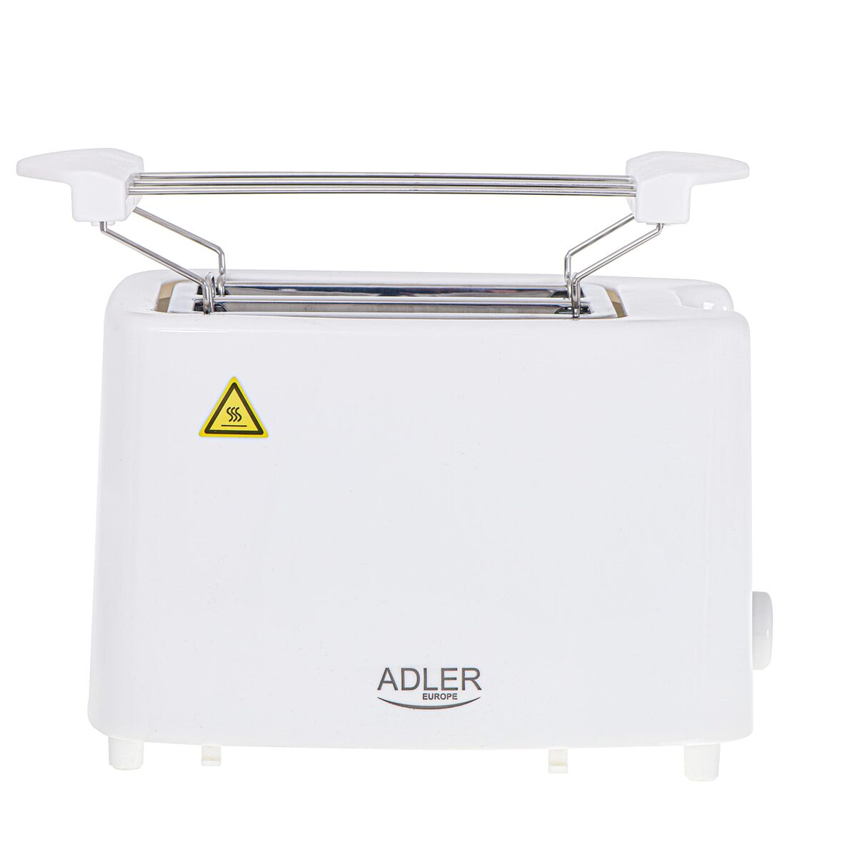 Un tostapane ADLER bianco. Ha un portapacchi, un segnale di avvertimento e un quadrante. Lo sfondo è bianco.