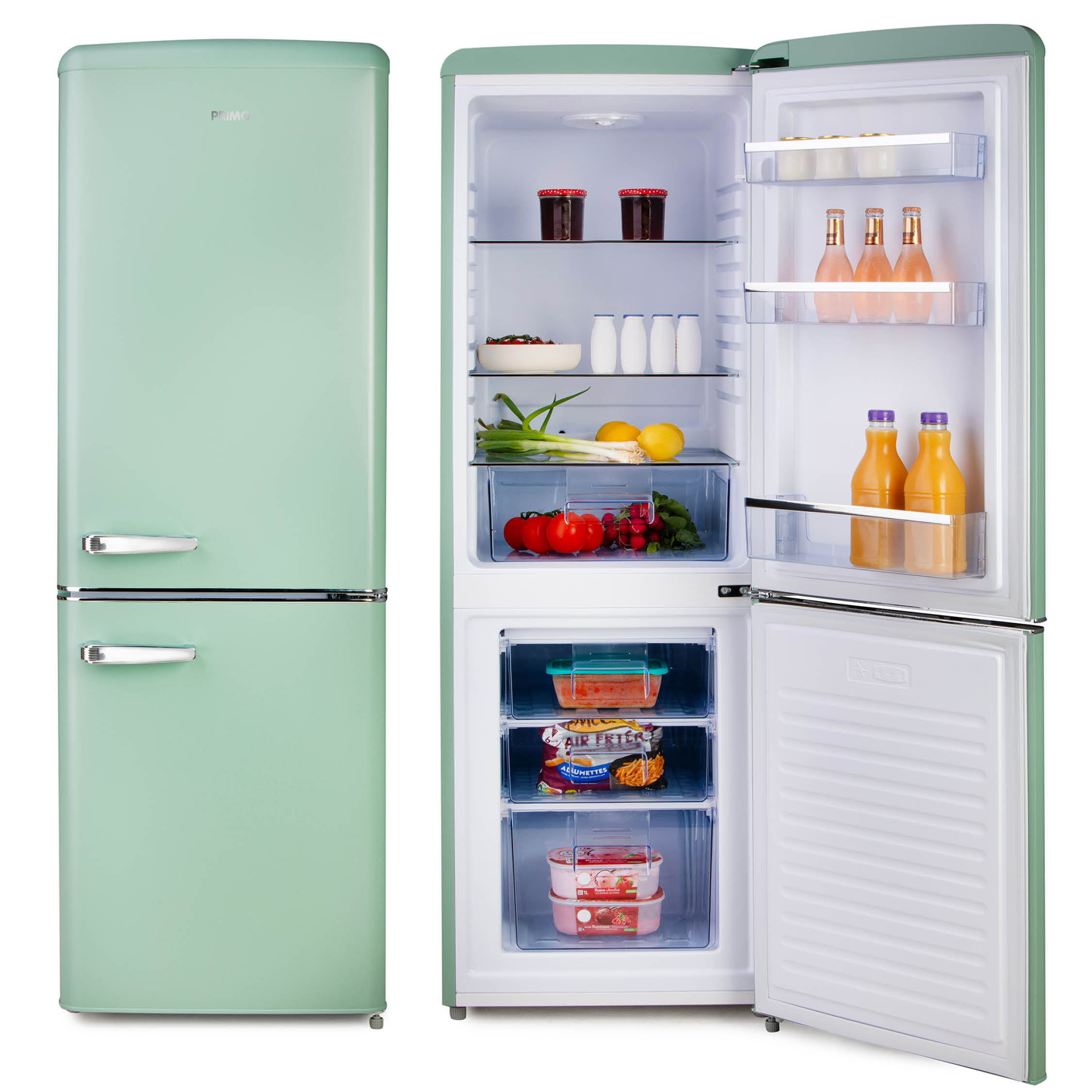 Un réfrigérateur vert menthe, une porte ouverte. À l'intérieur, des fruits, des légumes et des boissons sont visibles.