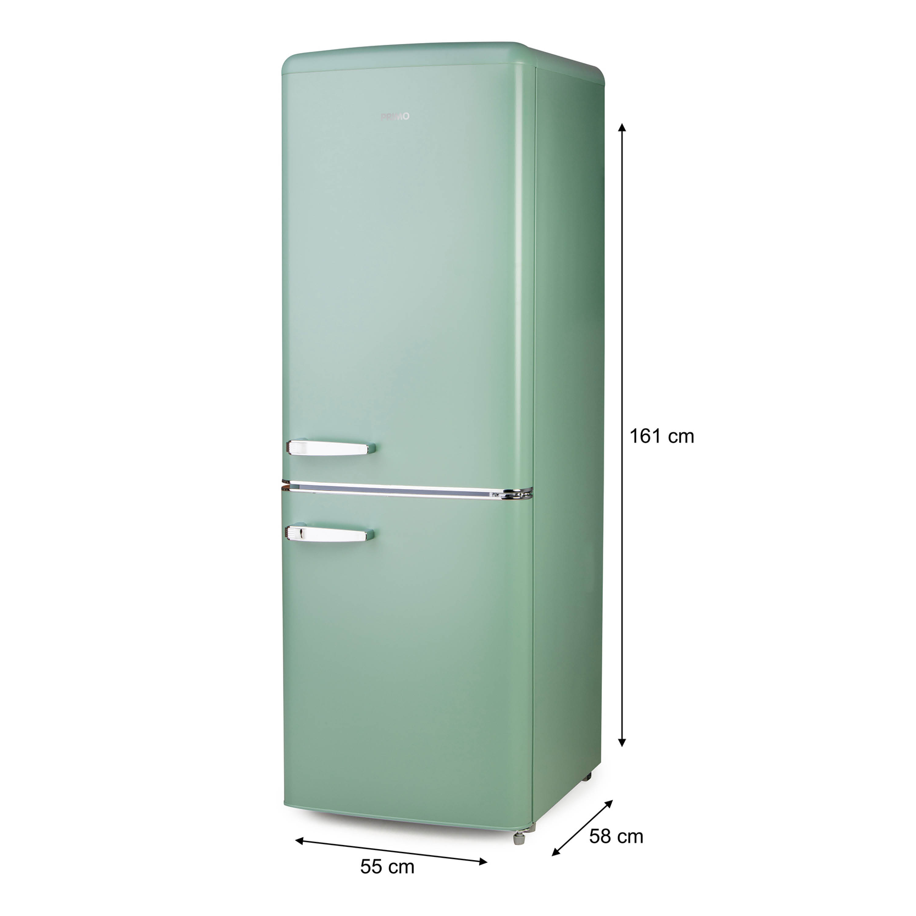 Un réfrigérateur rétro vert menthe avec deux portes et poignées chromées. Dimensions : 161cm hauteur, 55cm largeur, 58cm profondeur.