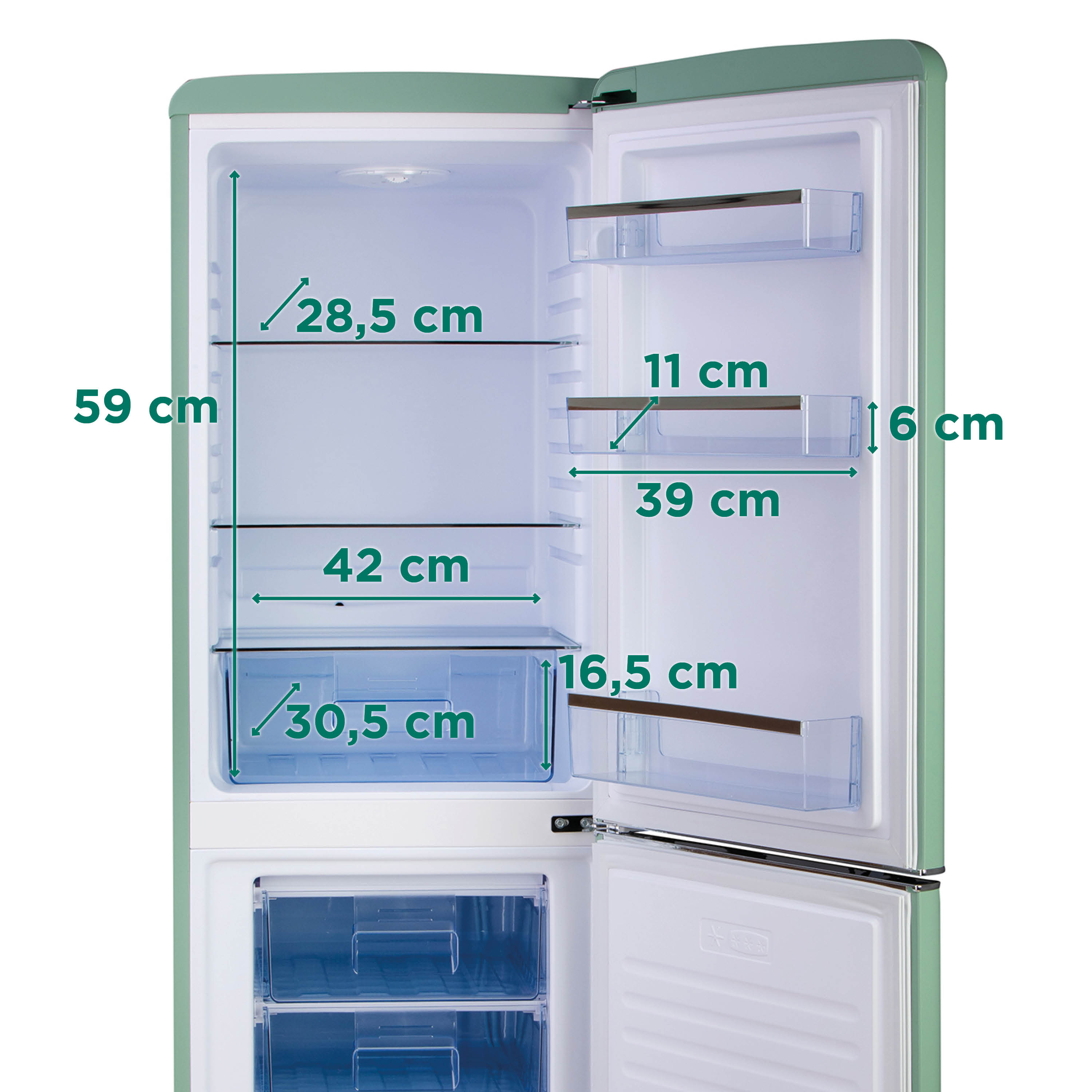Réfrigérateur vert vintage ouvert montrant les étagères et les dimensions. Les mesures sont indiquées en centimètres.