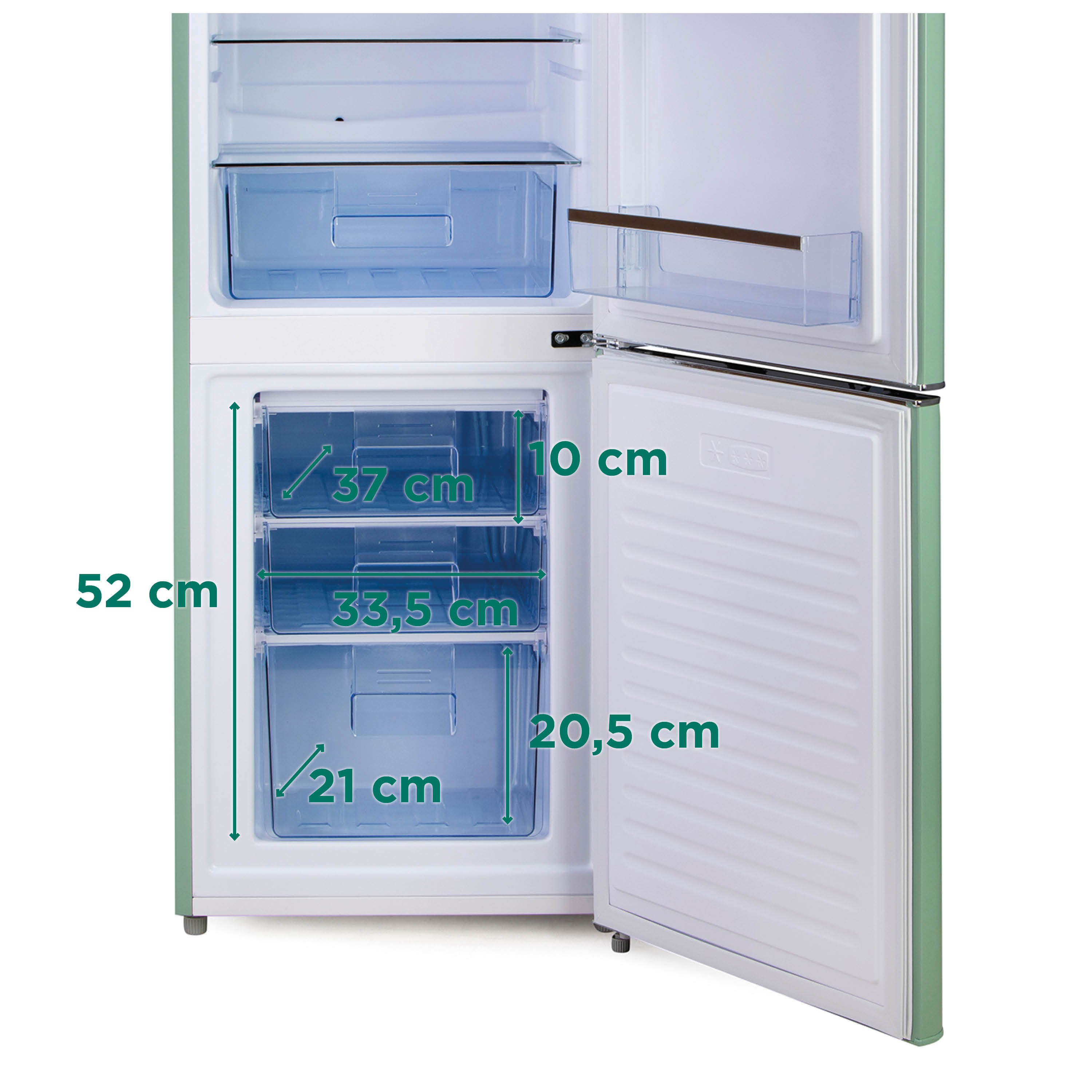 Réfrigérateur vert menthe ouvert avec dimensions étiquetées. Intérieur avec tiroirs bleus et étagères blanches.