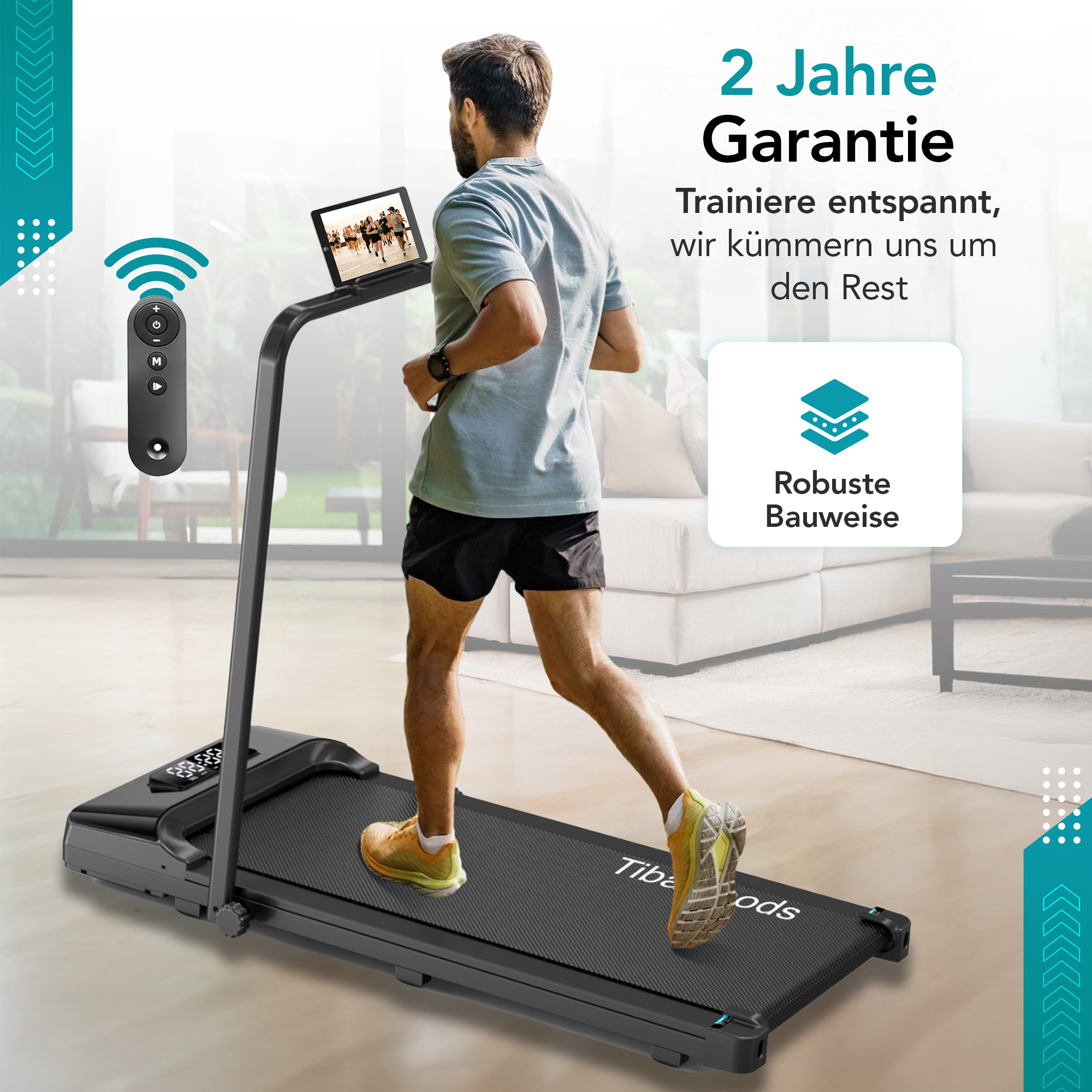A man runs on a treadmill. A tablet displays runners. The image includes text about a 2-year warranty and robust construction.
