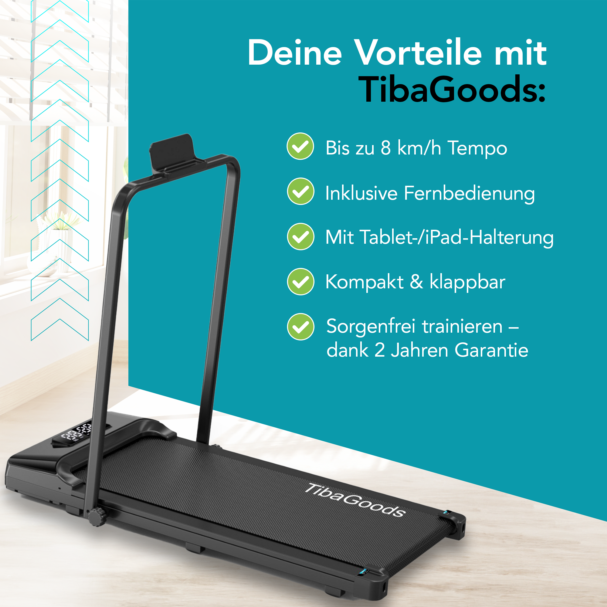 A black treadmill with a display, and the text "TibaGoods". It has a handle and is on a wooden floor.