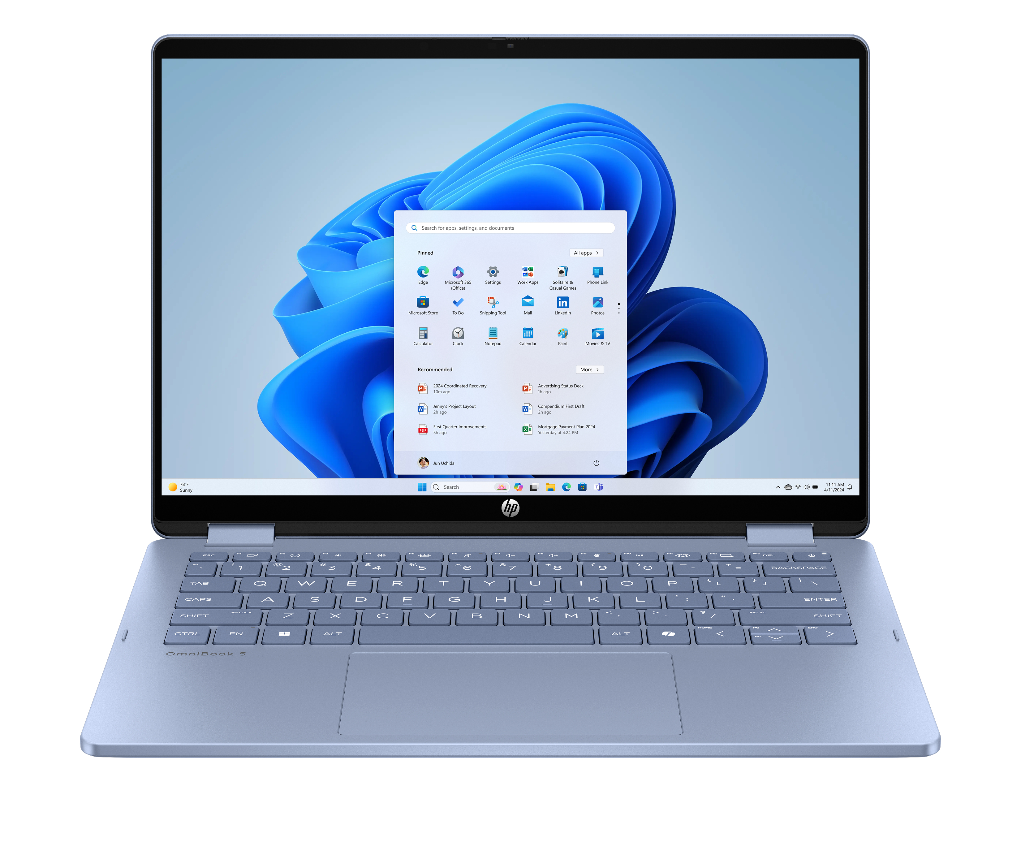 Un laptop HP blu aperto, che mostra l'interfaccia di Windows 11. Tastiera e schermo sono visibili.