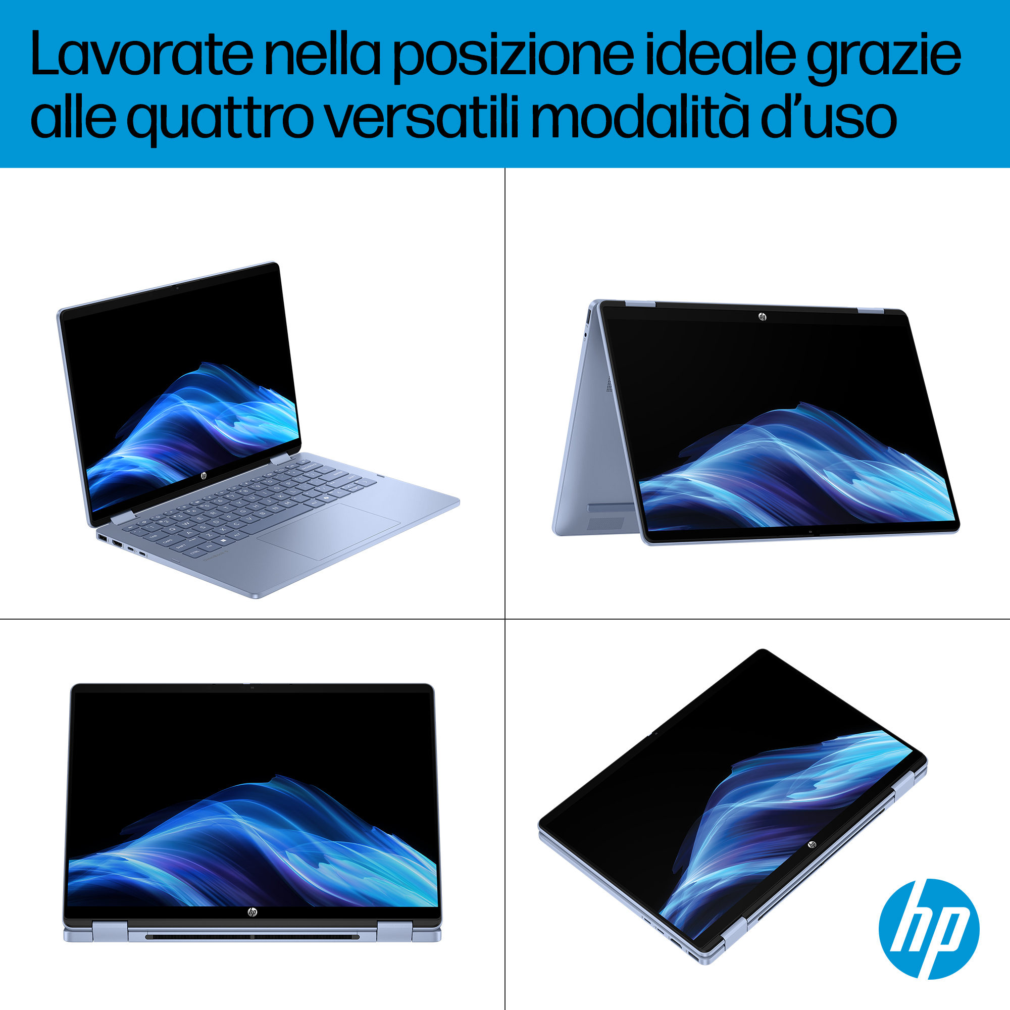 Quattro immagini mostrano un laptop HP in diverse modalità. Lo schermo mostra arte astratta blu. Testo in italiano.