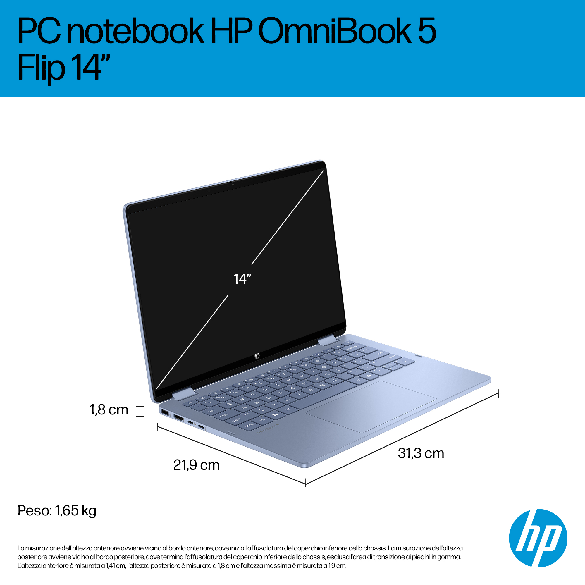Un laptop HP OmniBook 5 azzurro chiaro, schermo da 14 pollici, aperto. Dimensioni e peso sono visualizzati.