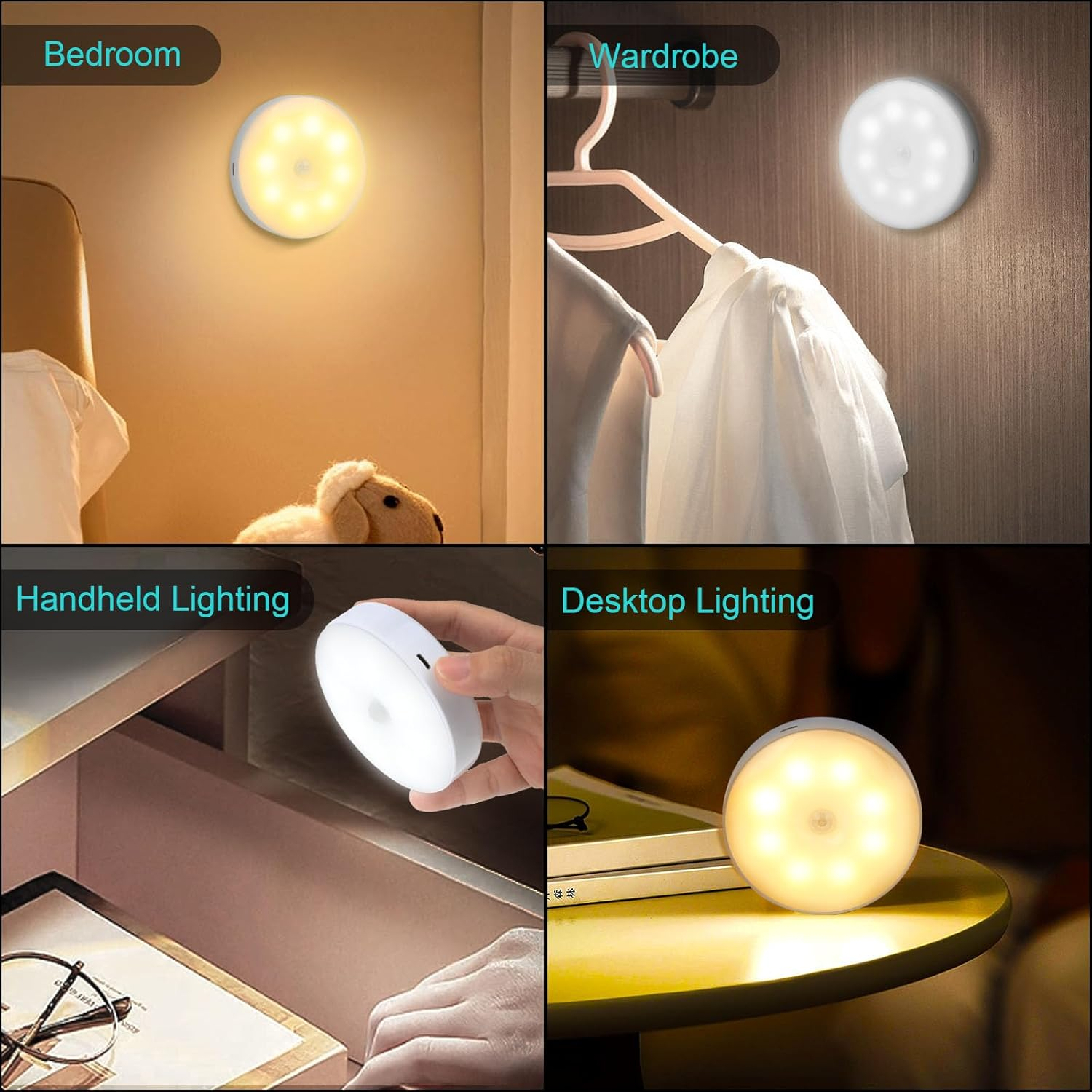 Vier Szenen zeigen runde LED-Leuchten in Schlafzimmer-, Kleiderschrank-, Handheld- und Desktop-Einstellungen. Jede Einstellung hat einen anderen Kontext.