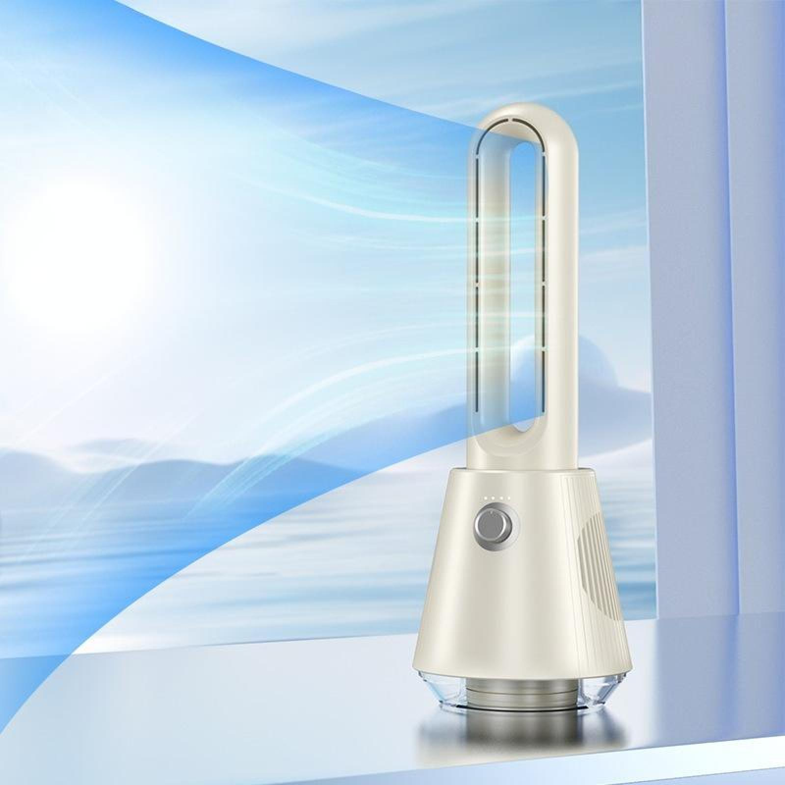 Ein cremefarbener, blattloser Ventilator steht auf einer reflektierenden Oberfläche, mit blauen Luftströmungen im Hintergrund.