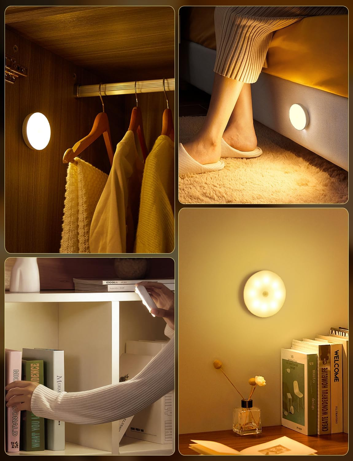 Eine runde LED-Leuchte beleuchtet verschiedene Umgebungen: Schrank mit Kleidung, in der Nähe des Bettes mit Füßen, Regal mit Büchern und eine Wand mit Büchern.
